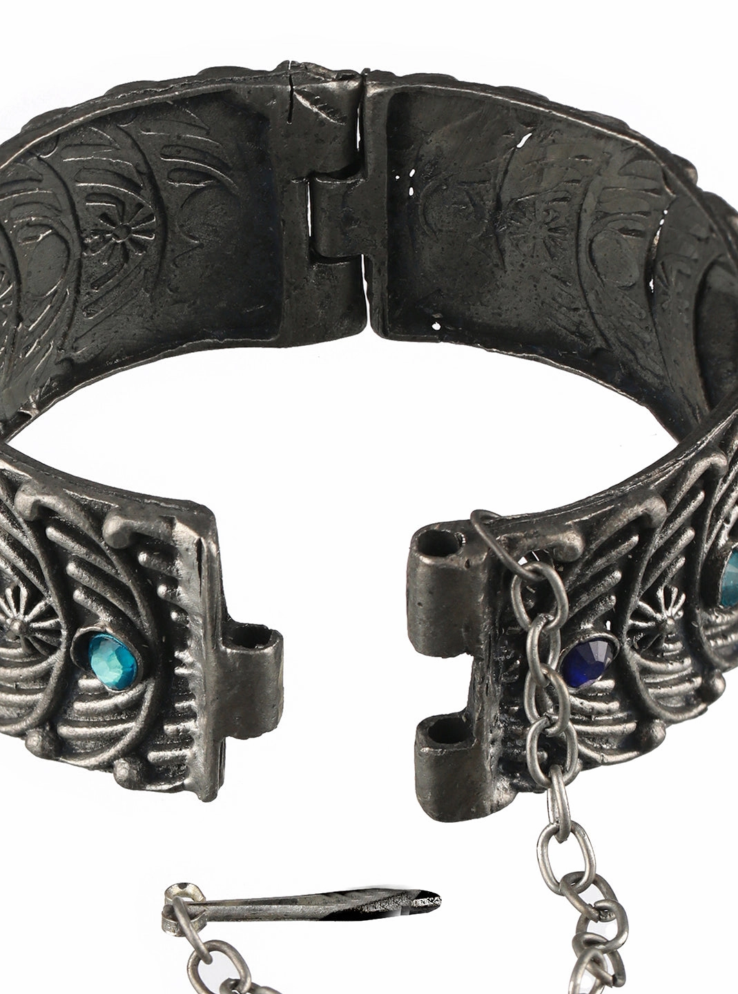 Oxidized Silver-Plated & Blue Stone Studed Antique Dome Shaped Bangle Style Bracelet
