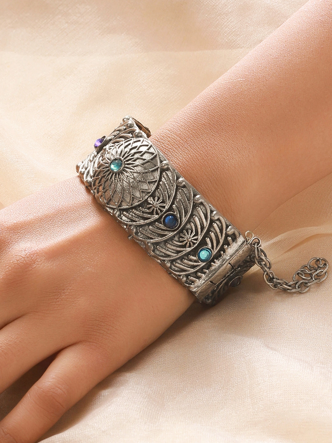 Oxidized Silver-Plated & Blue Stone Studed Antique Dome Shaped Bangle Style Bracelet