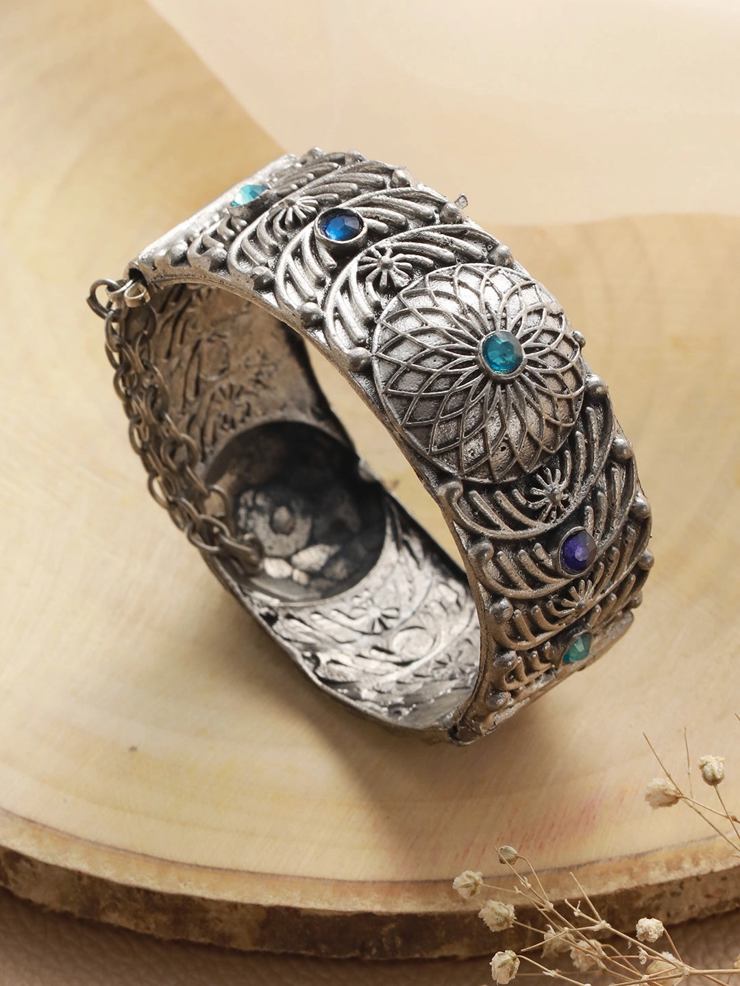 Oxidized Silver-Plated & Blue Stone Studed Antique Dome Shaped Bangle Style Bracelet