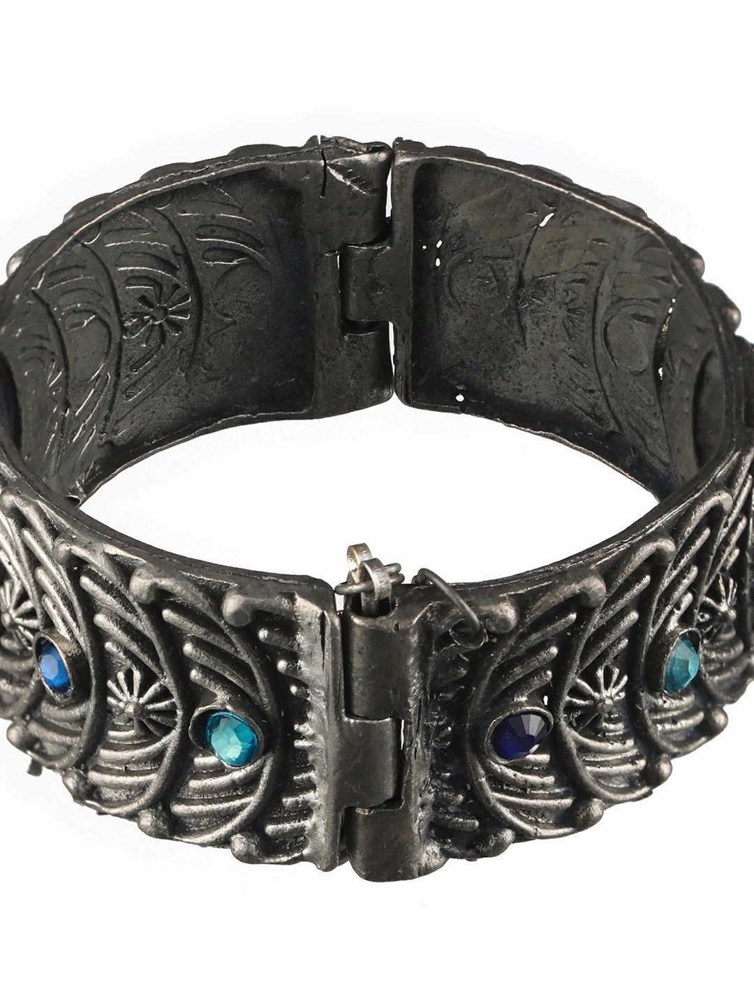 Oxidized Silver-Plated & Blue Stone Studed Antique Dome Shaped Bangle Style Bracelet
