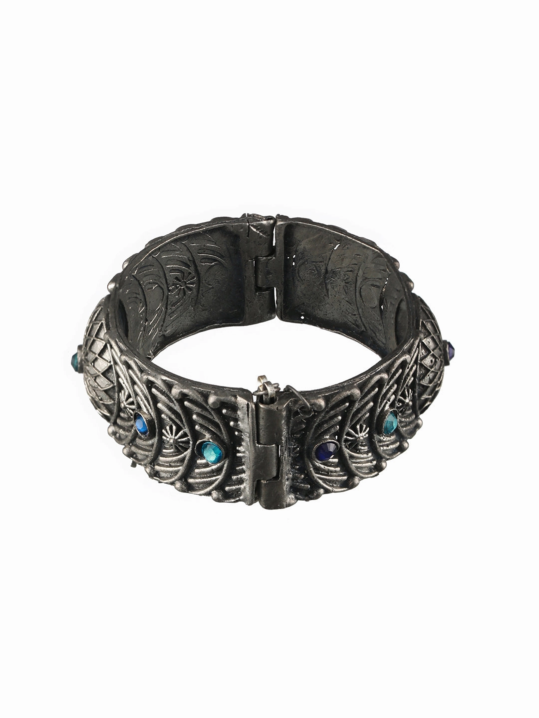 Oxidized Silver-Plated & Blue Stone Studed Antique Dome Shaped Bangle Style Bracelet