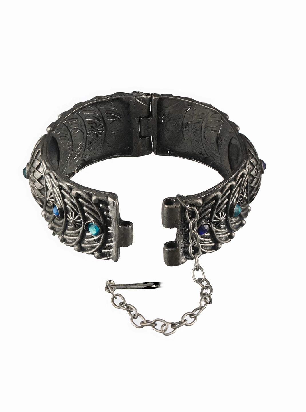 Oxidized Silver-Plated & Blue Stone Studed Antique Dome Shaped Bangle Style Bracelet
