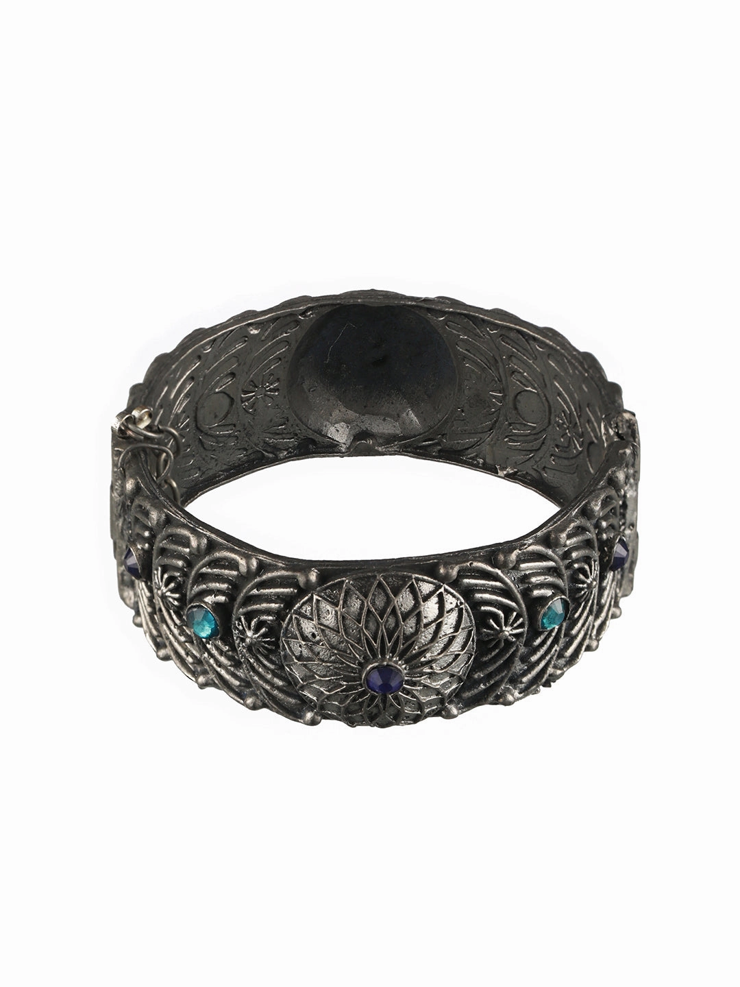 Oxidized Silver-Plated & Blue Stone Studed Antique Dome Shaped Bangle Style Bracelet