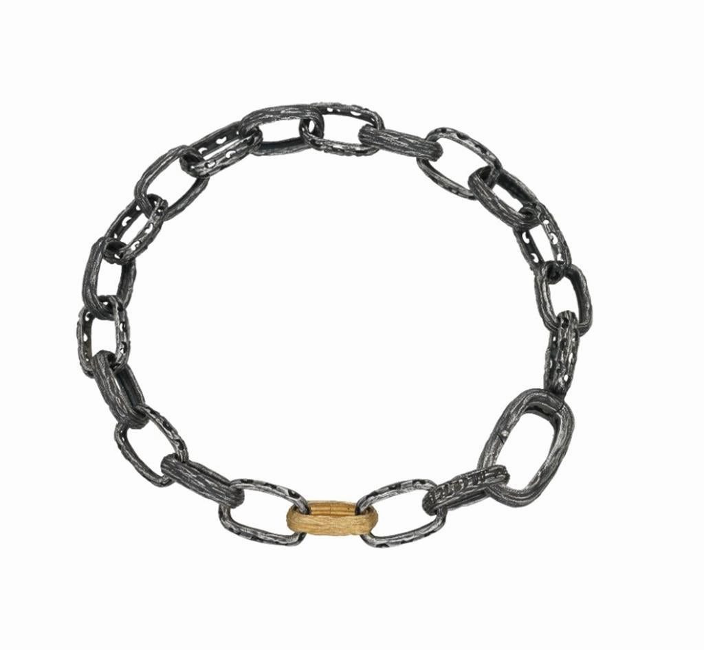 Oxidized Sterling Silver 18K Yellow Gold Overlay Warrior Link Bracelet