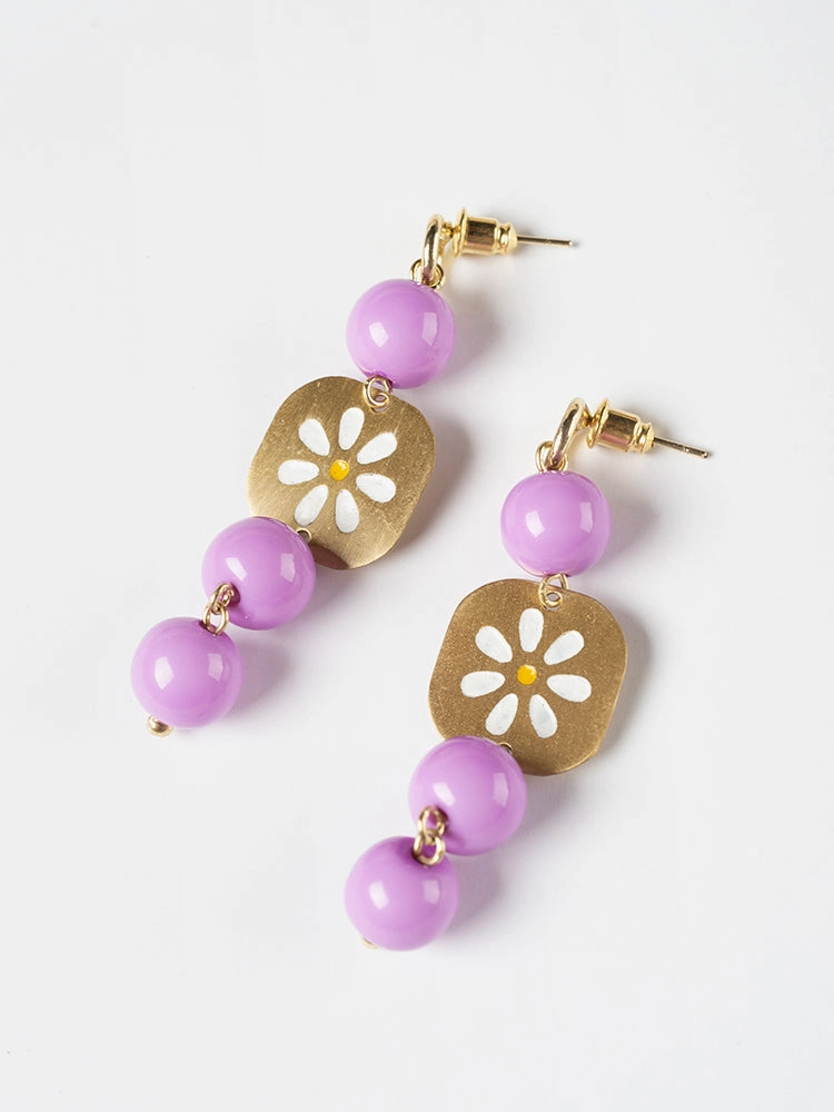 Painted Daisy Dangle Earrings - Lavender