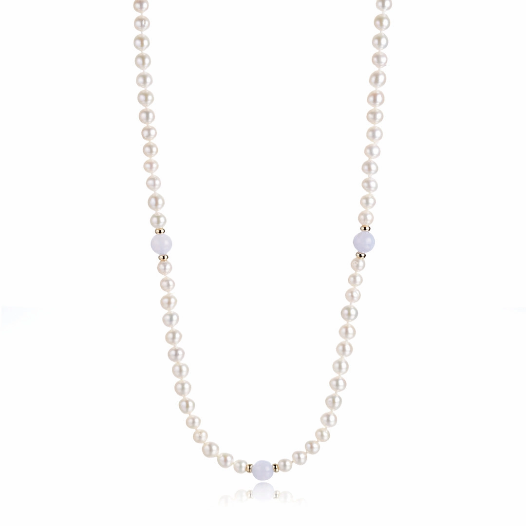 Pearl & Blue Lace Agate Rope Necklace