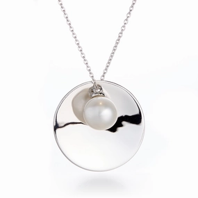 Pearl & Diamond Silver Disc Necklace