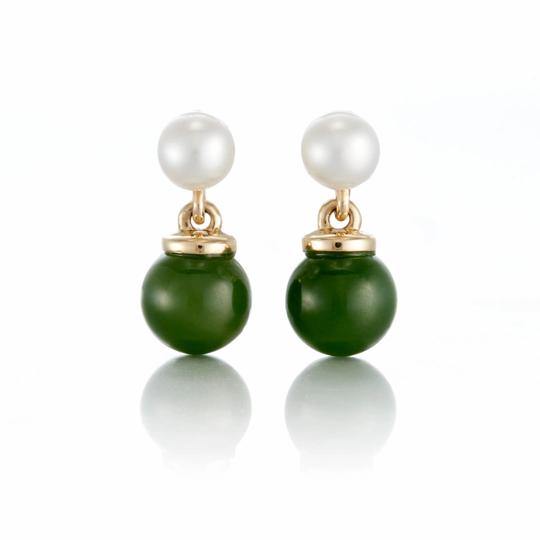 Pearl & Green Nephrite Jade Drop Earrings