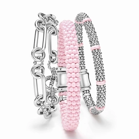 Pink Caviar Sterling Silver and Pink Ceramic Caviar Beaded Bracelet Gift Set