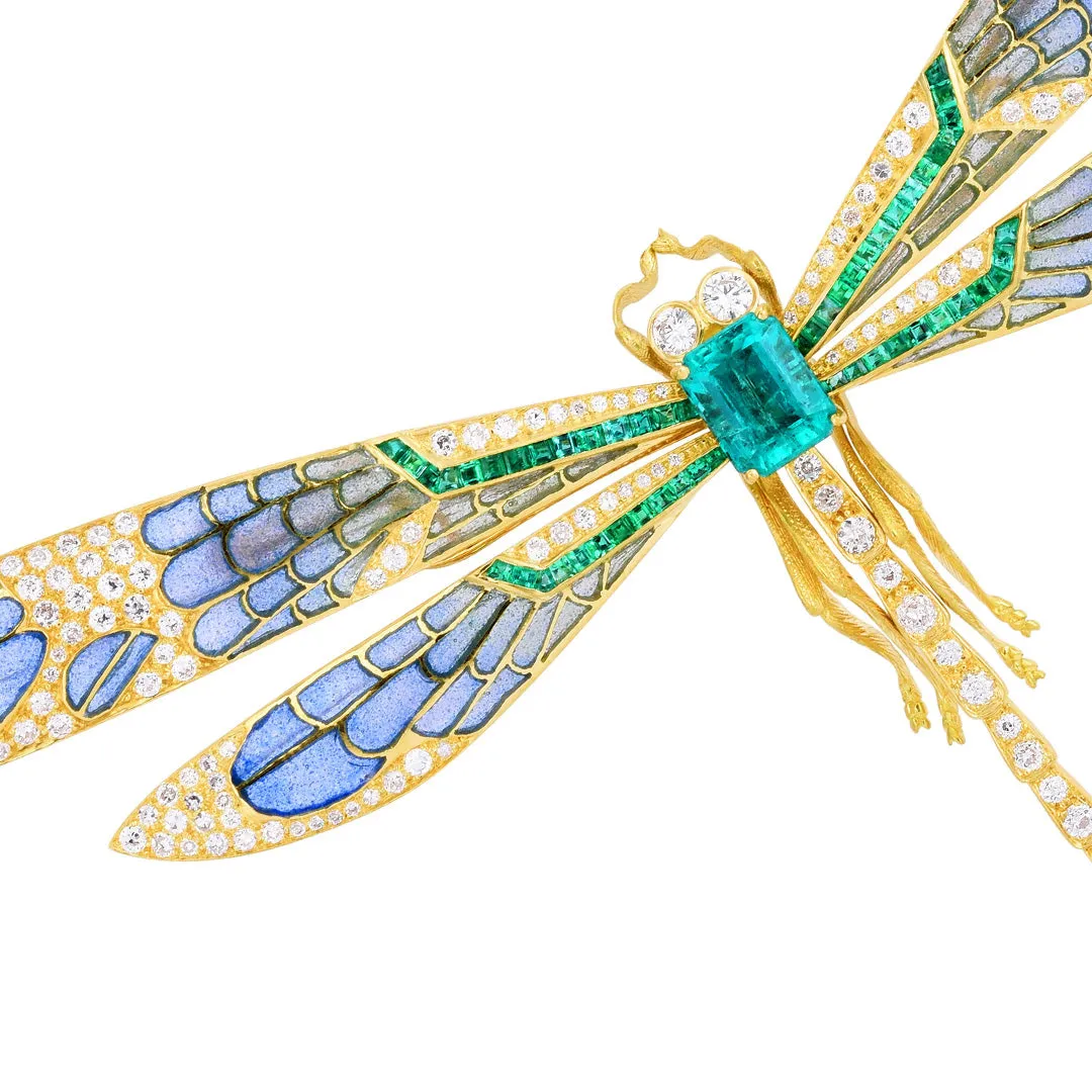 Plique--Jour Emerald & Diamond Dragonfly Brooch