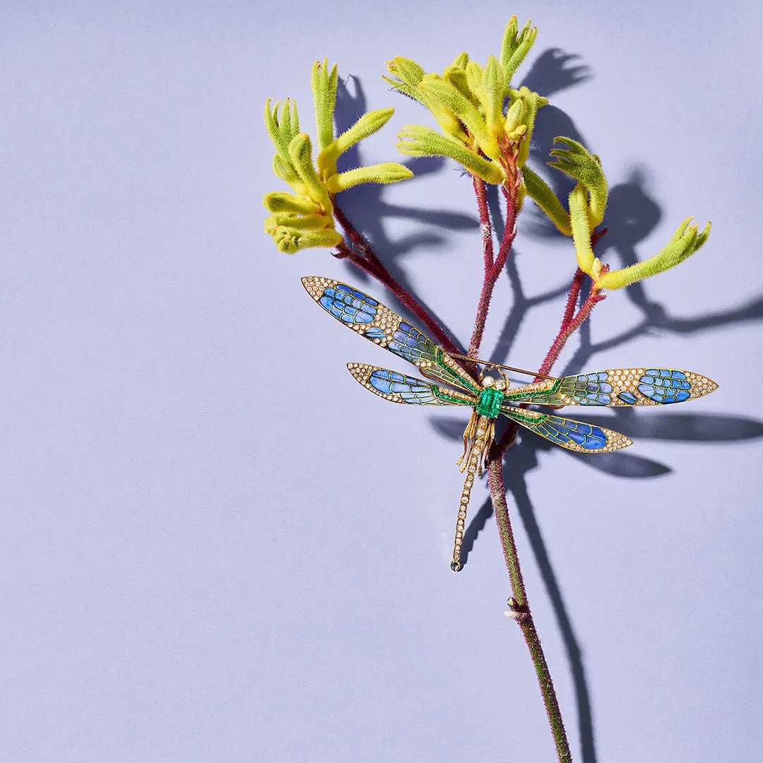 Plique--Jour Emerald & Diamond Dragonfly Brooch