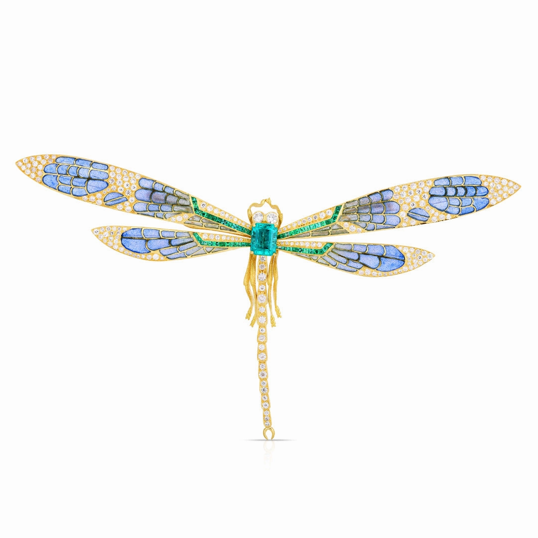 Plique--Jour Emerald & Diamond Dragonfly Brooch