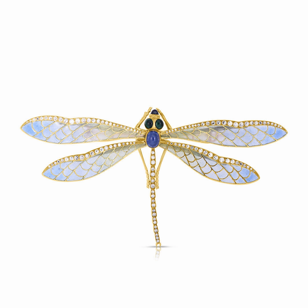 Plique--Jour Sapphire, Emerald & Diamond Dragonfly Brooch