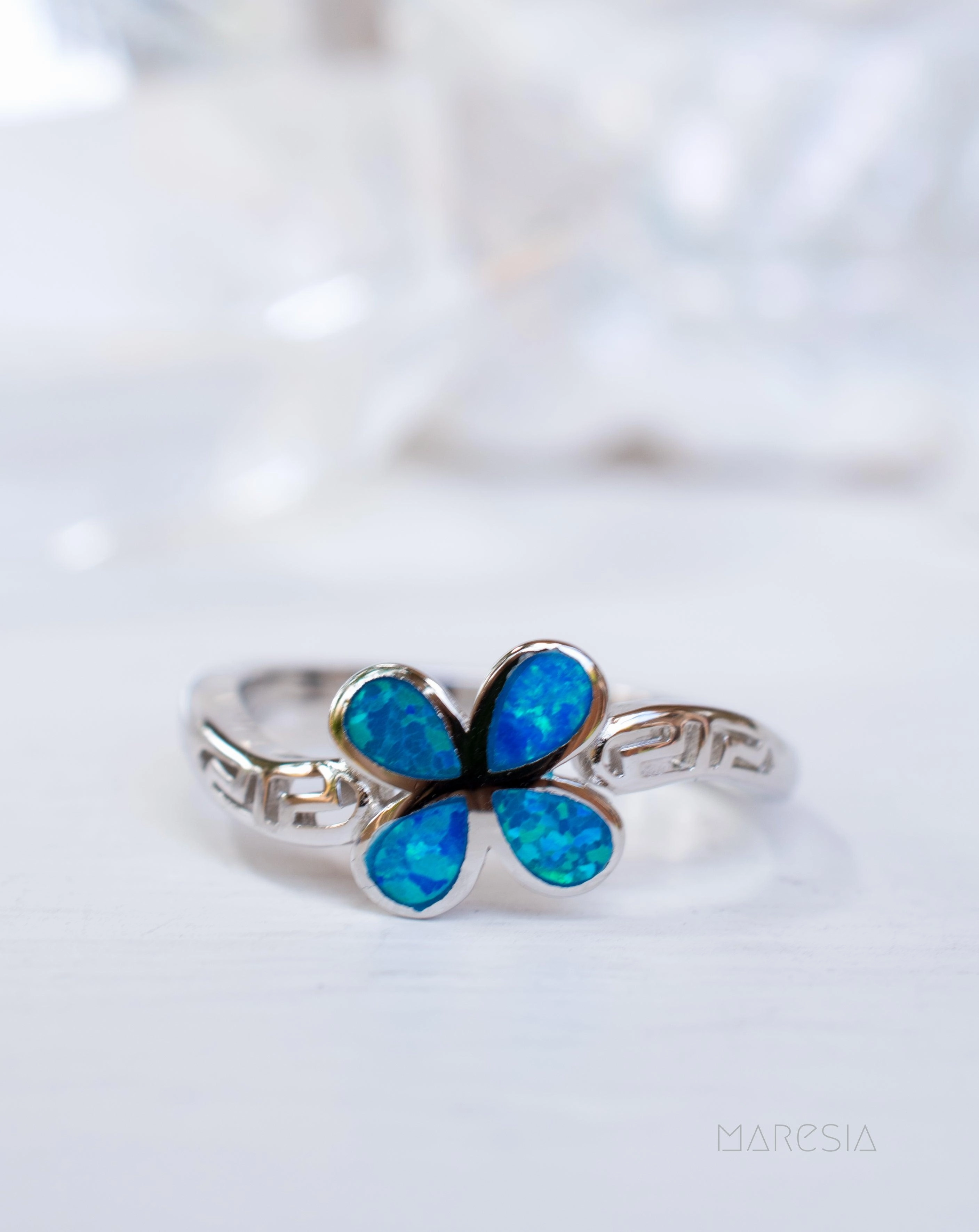 Plumeria Flower Blue Opal Ring ~Sterling Silver 925~ SMR045