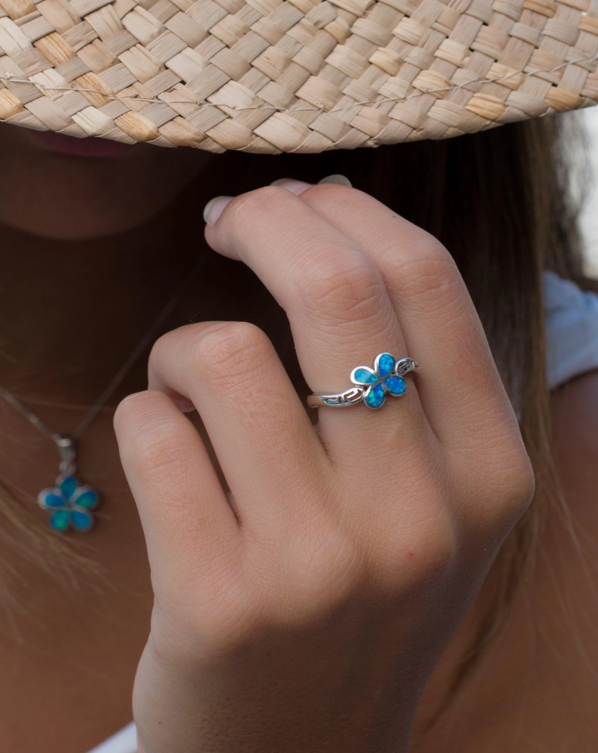 Plumeria Flower Blue Opal Ring ~Sterling Silver 925~ SMR045