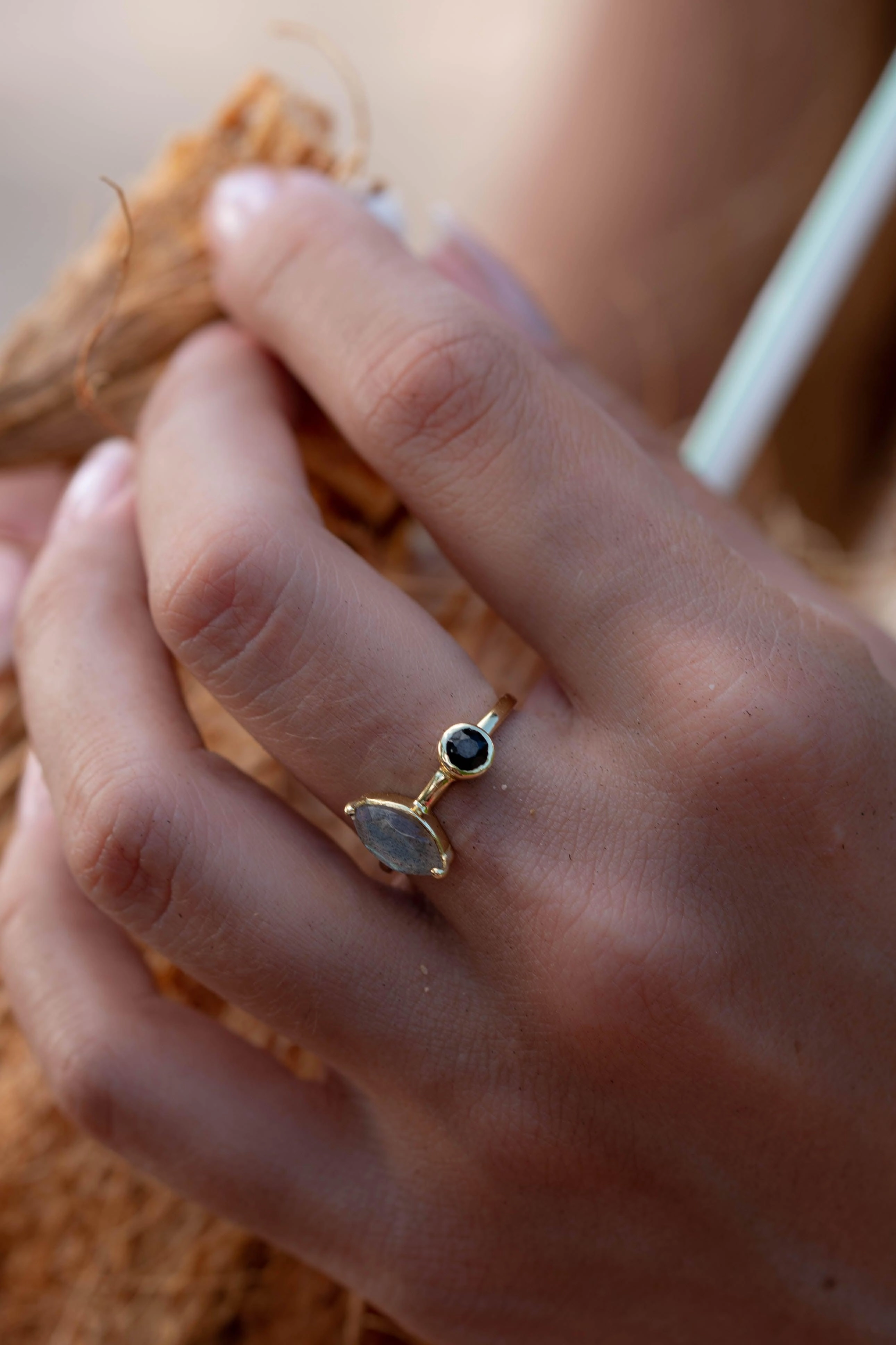 Rainbow Labradorite & Black Onyx Ring~ 18k Gold Plated~  MR157