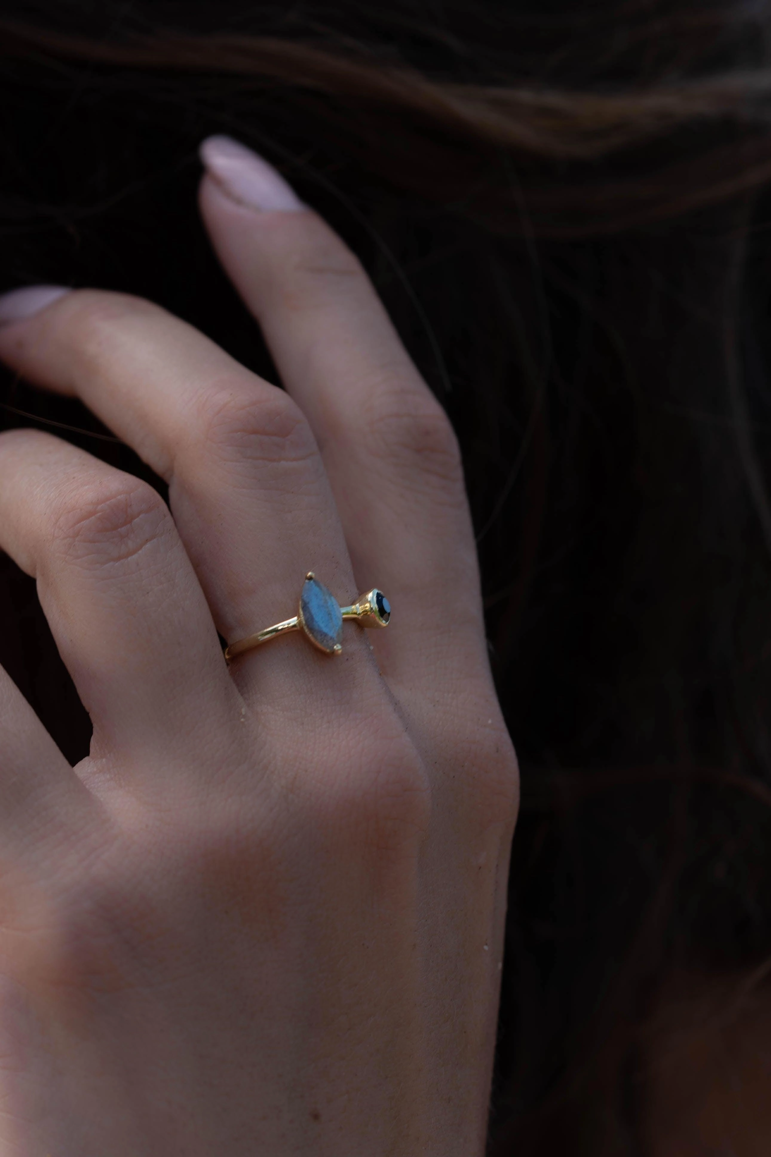 Rainbow Labradorite & Black Onyx Ring~ 18k Gold Plated~  MR157