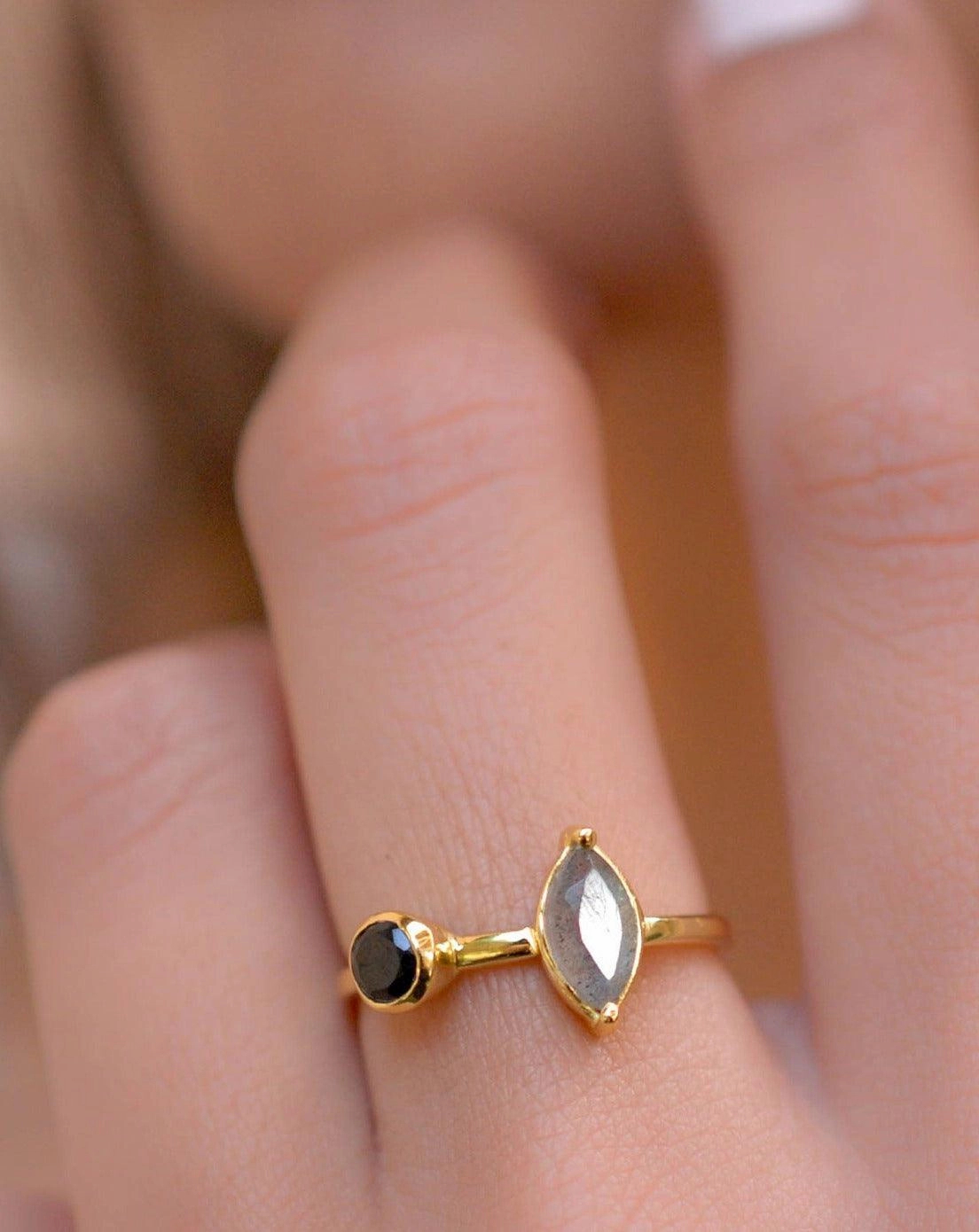 Rainbow Labradorite & Black Onyx Ring~ 18k Gold Plated~  MR157