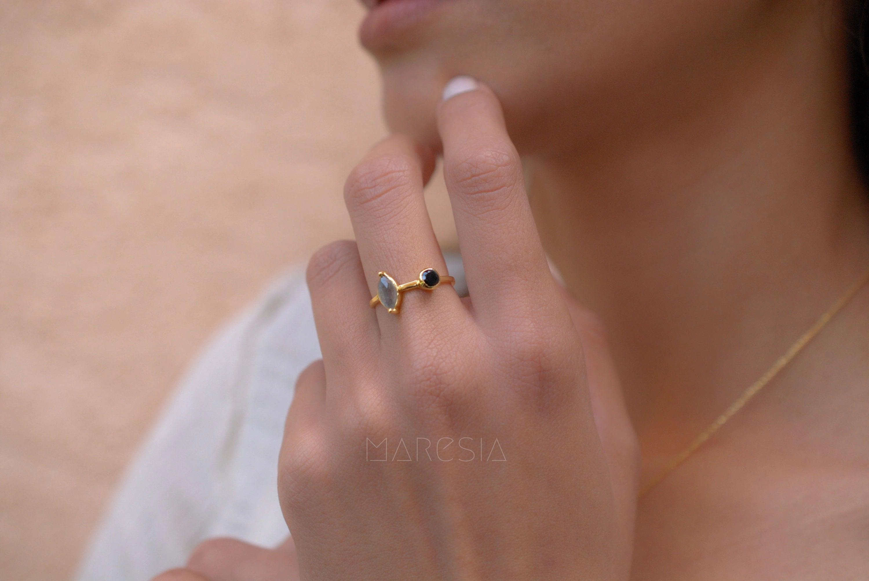 Rainbow Labradorite & Black Onyx Ring~ 18k Gold Plated~  MR157