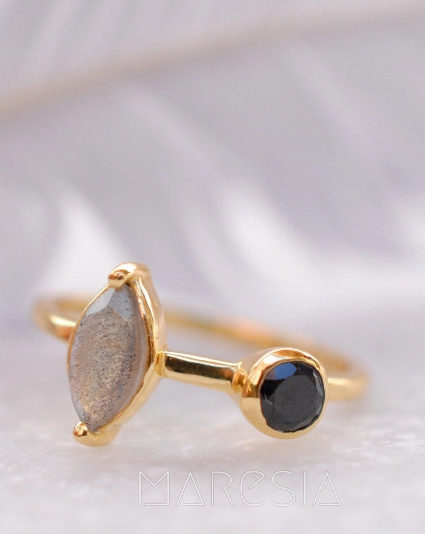 Rainbow Labradorite & Black Onyx Ring~ 18k Gold Plated~  MR157