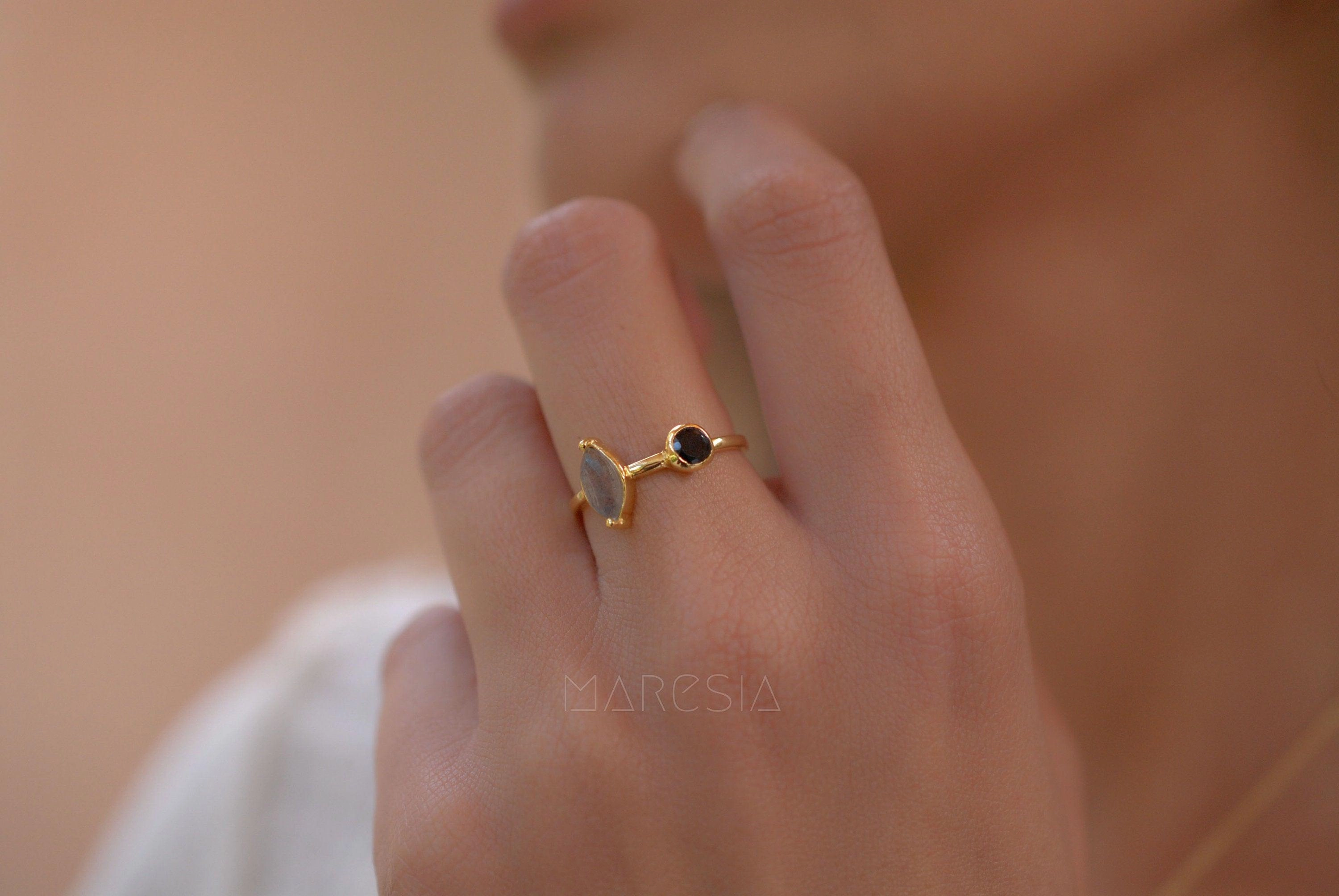 Rainbow Labradorite & Black Onyx Ring~ 18k Gold Plated~  MR157