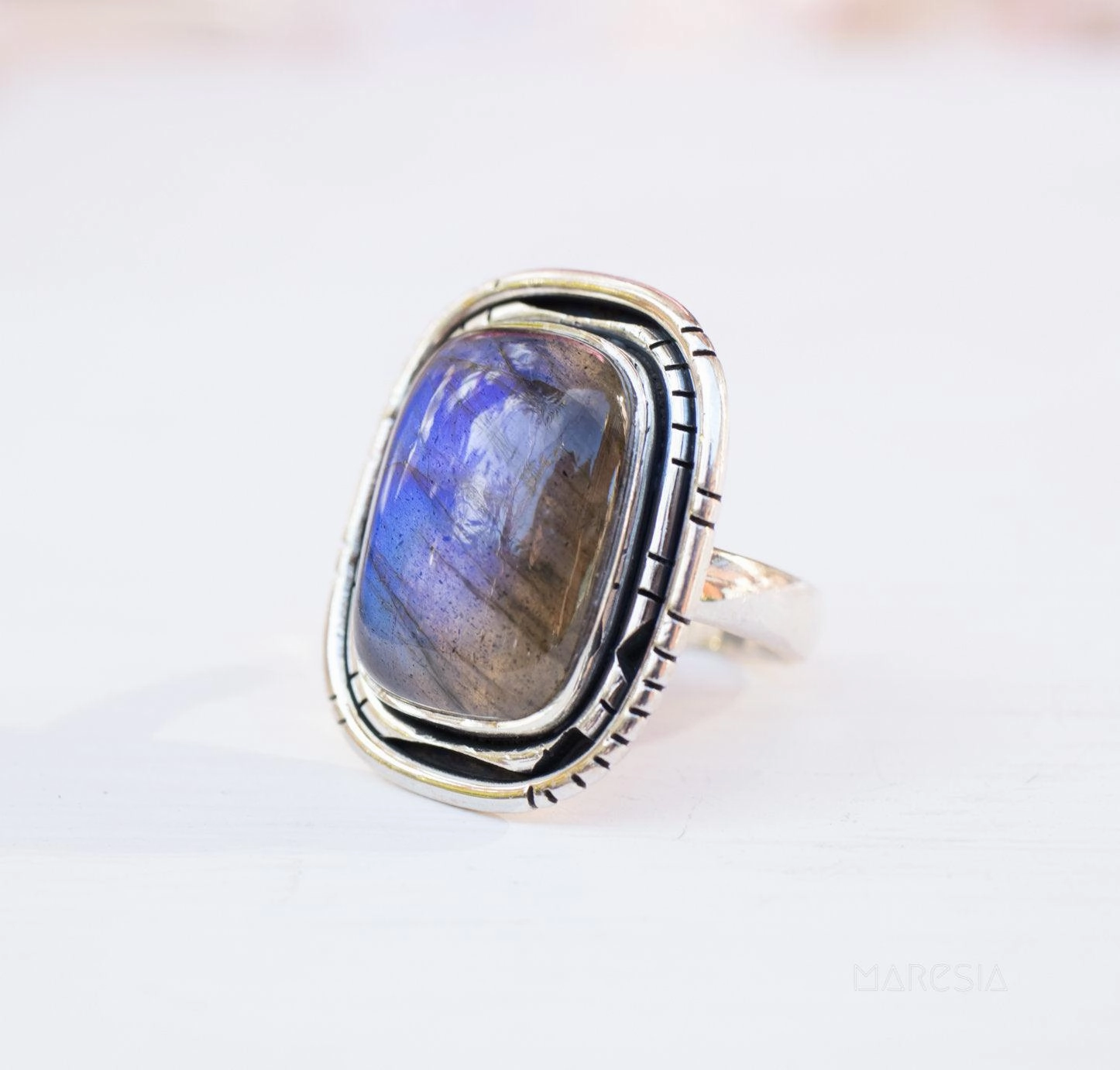 Rainbow Labradorite Rectangular Ring ~ Sterling Silver 925 ~ MR179