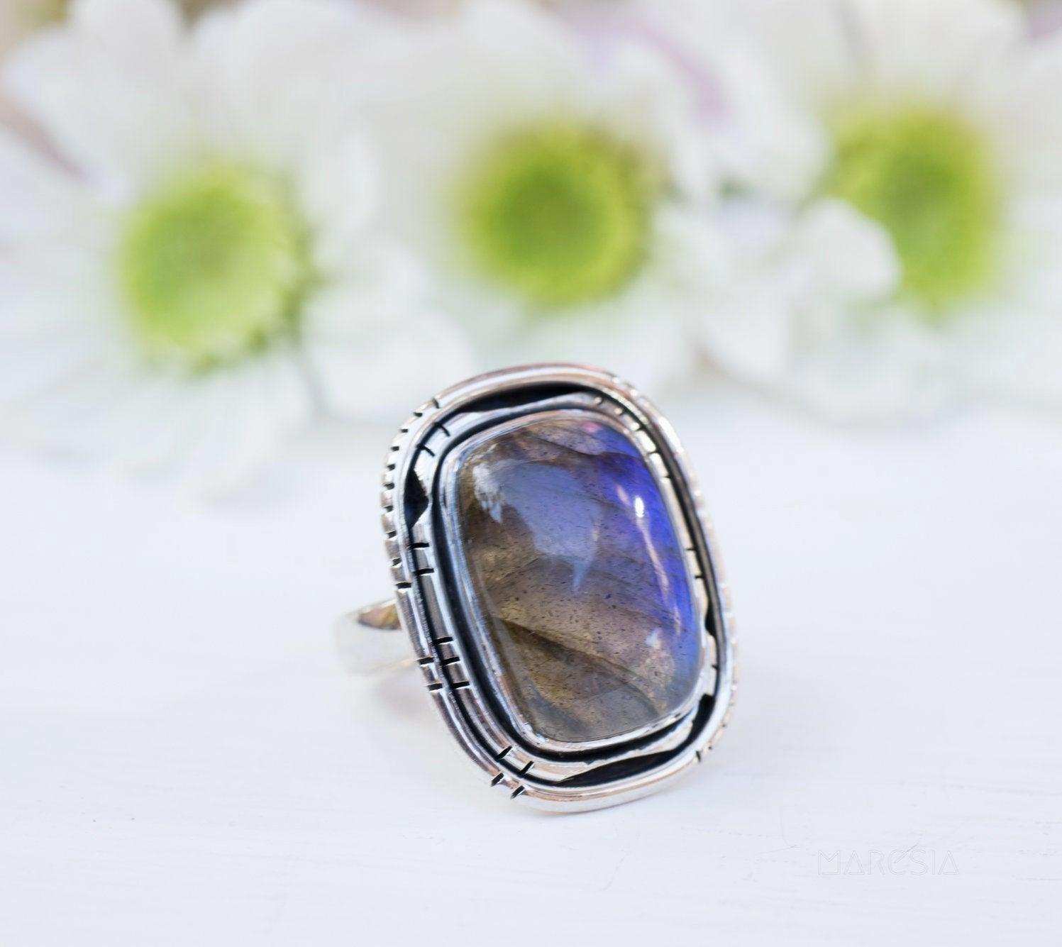 Rainbow Labradorite Rectangular Ring ~ Sterling Silver 925 ~ MR179