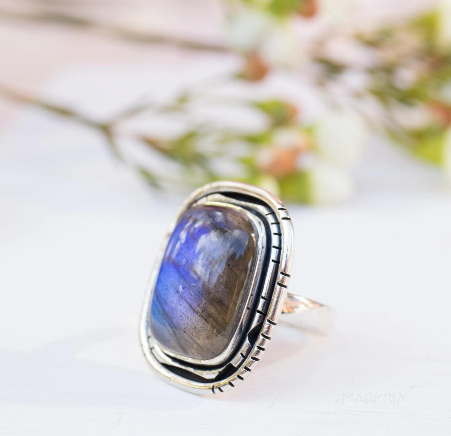 Rainbow Labradorite Rectangular Ring ~ Sterling Silver 925 ~ MR179