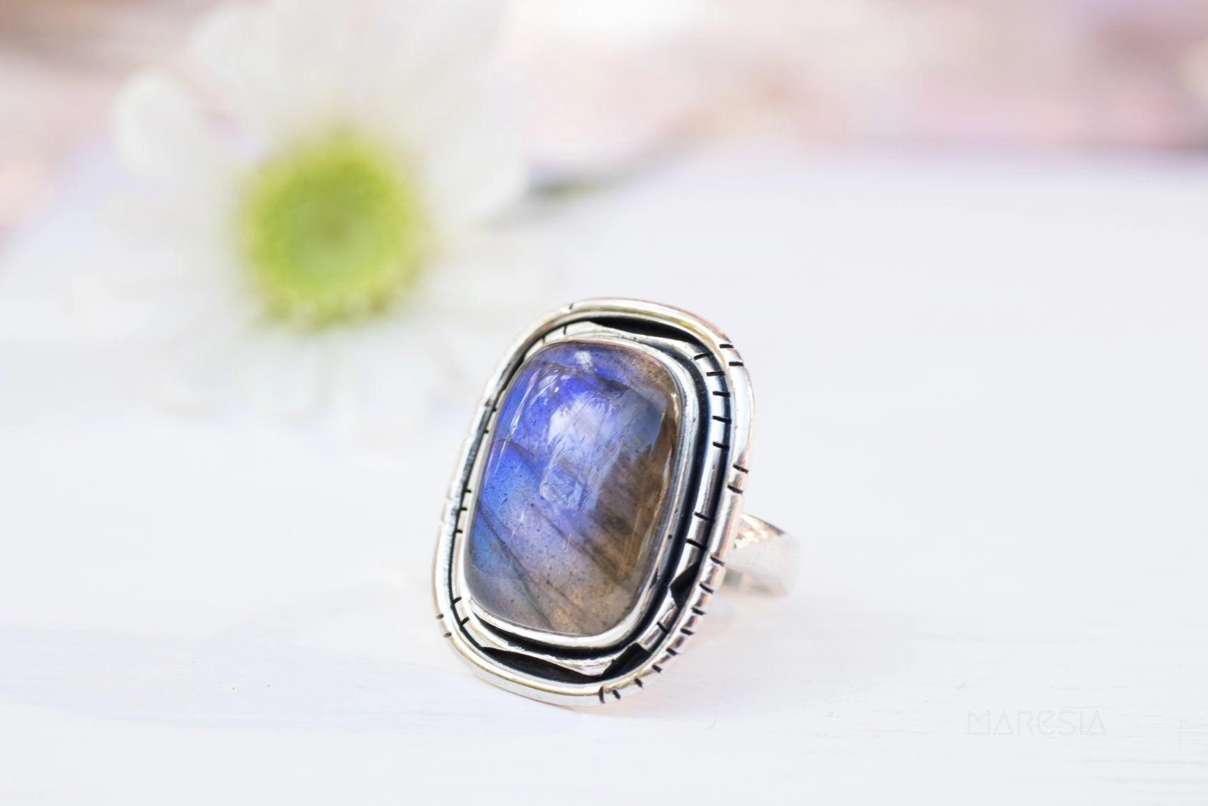 Rainbow Labradorite Rectangular Ring ~ Sterling Silver 925 ~ MR179