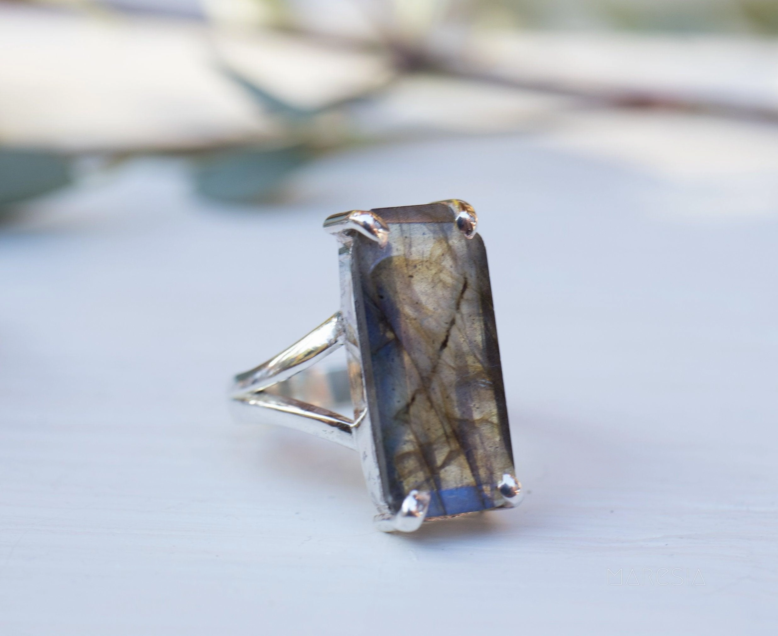 Rainbow Labradorite Rectangular Ring ~Sterling Silver 925 ~ MR277
