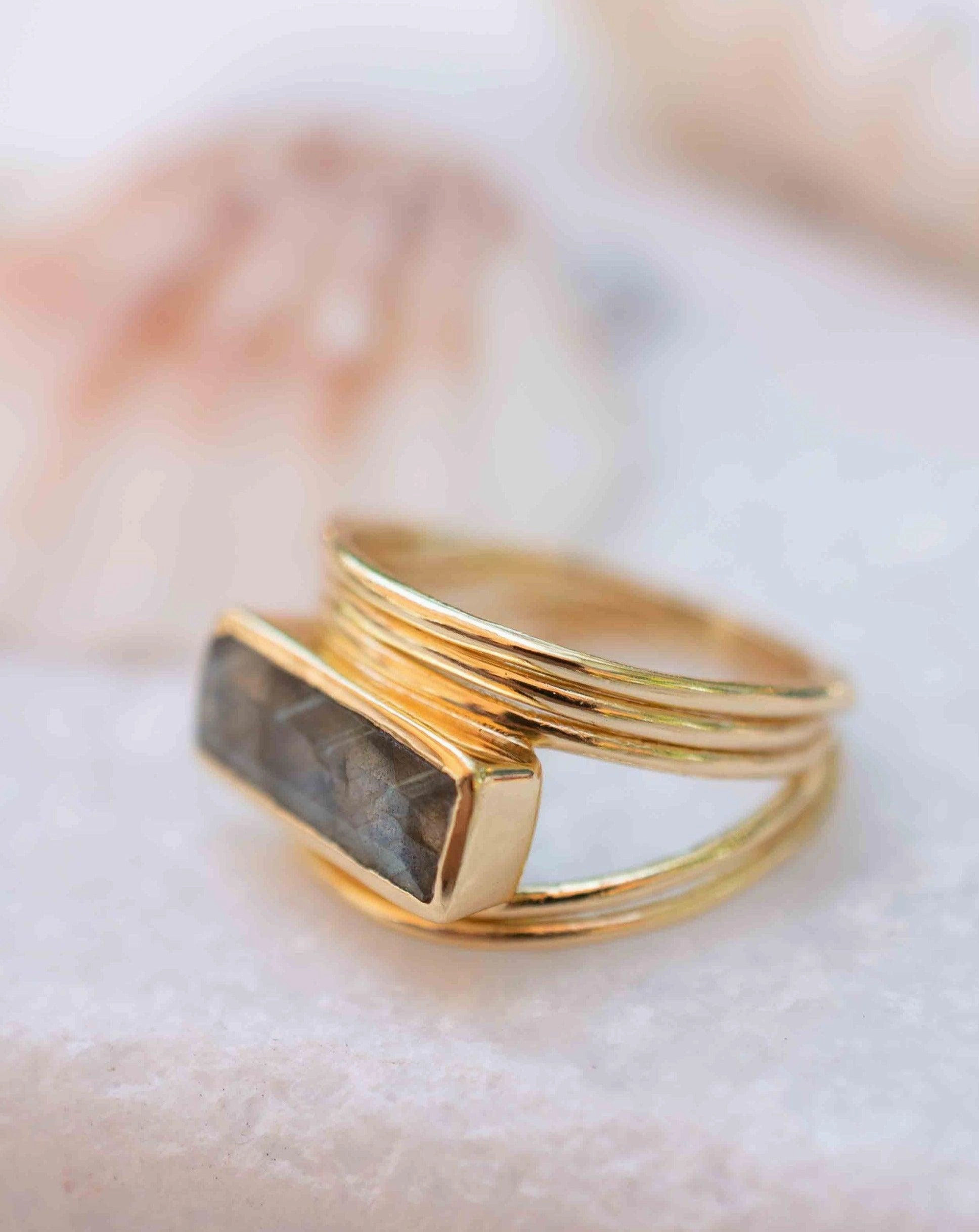 Rainbow Labradorite Ring ~ Rectangular Stone ~ 18k Gold Plated ~ MR304