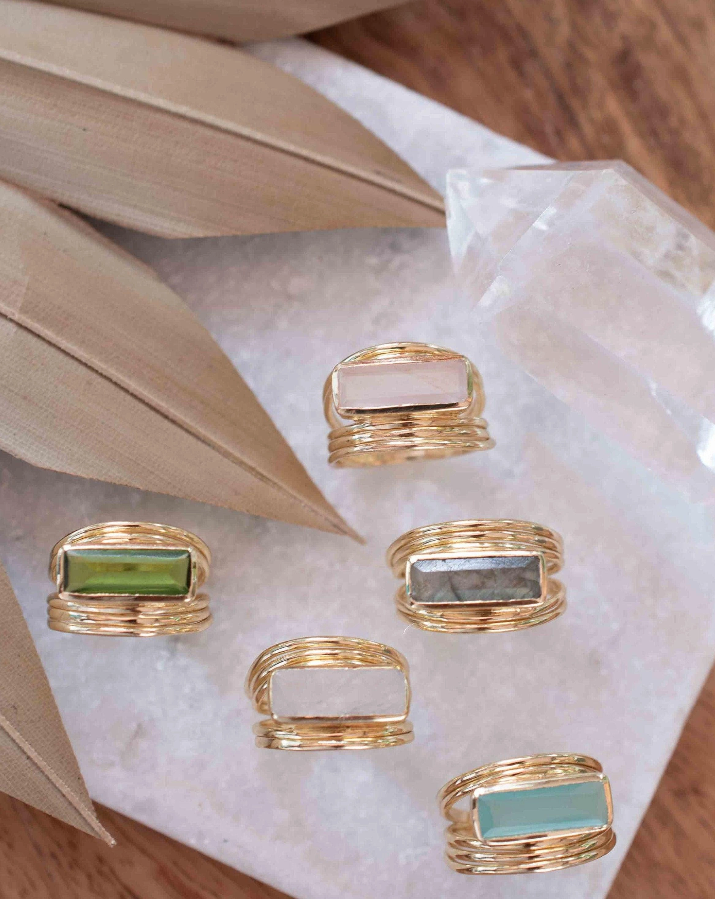 Rainbow Labradorite Ring ~ Rectangular Stone ~ 18k Gold Plated ~ MR304