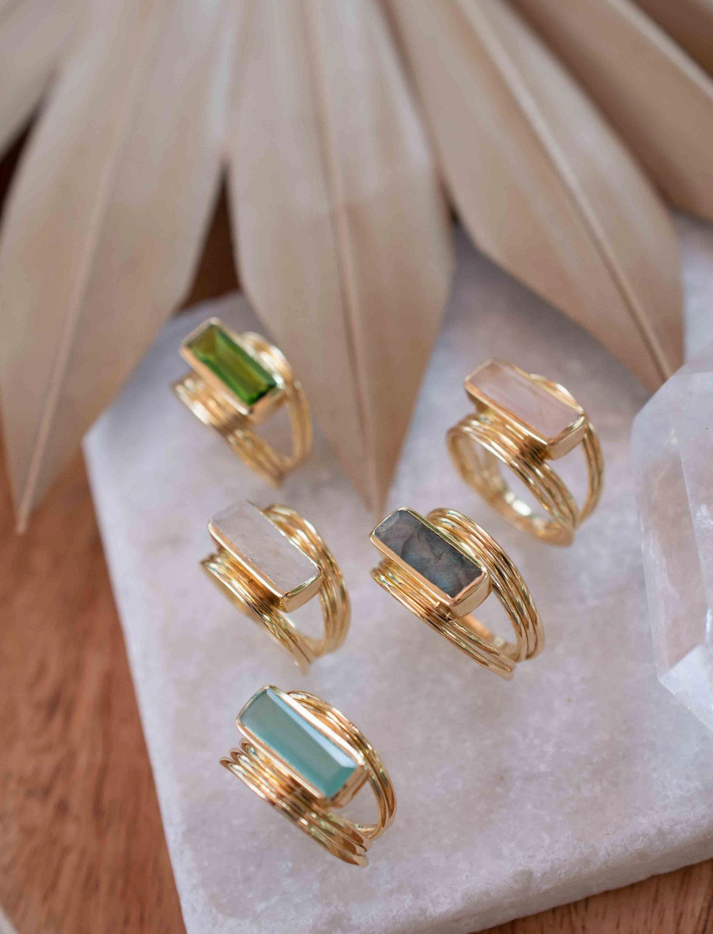 Rainbow Labradorite Ring ~ Rectangular Stone ~ 18k Gold Plated ~ MR304