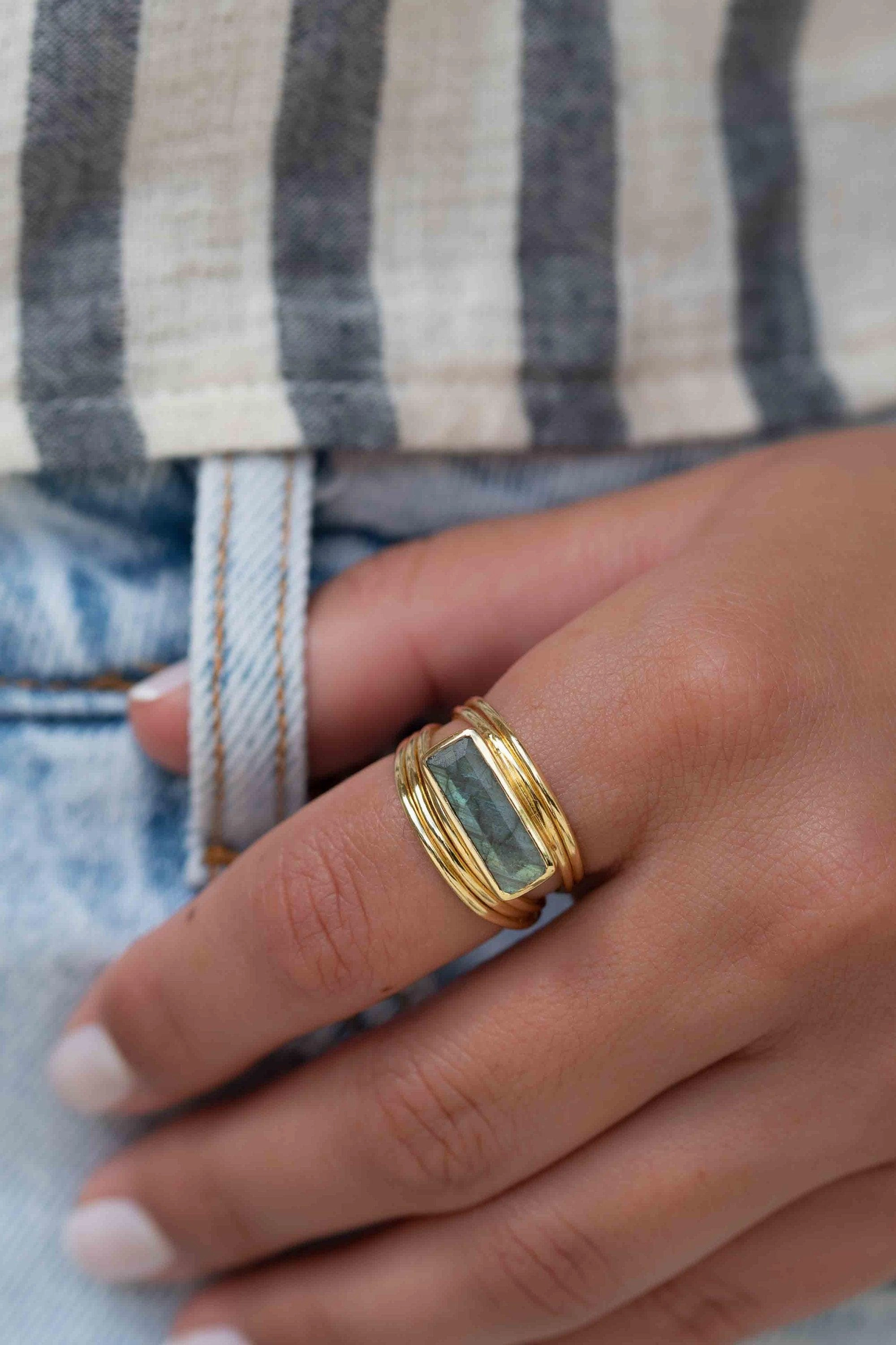 Rainbow Labradorite Ring ~ Rectangular Stone ~ 18k Gold Plated ~ MR304