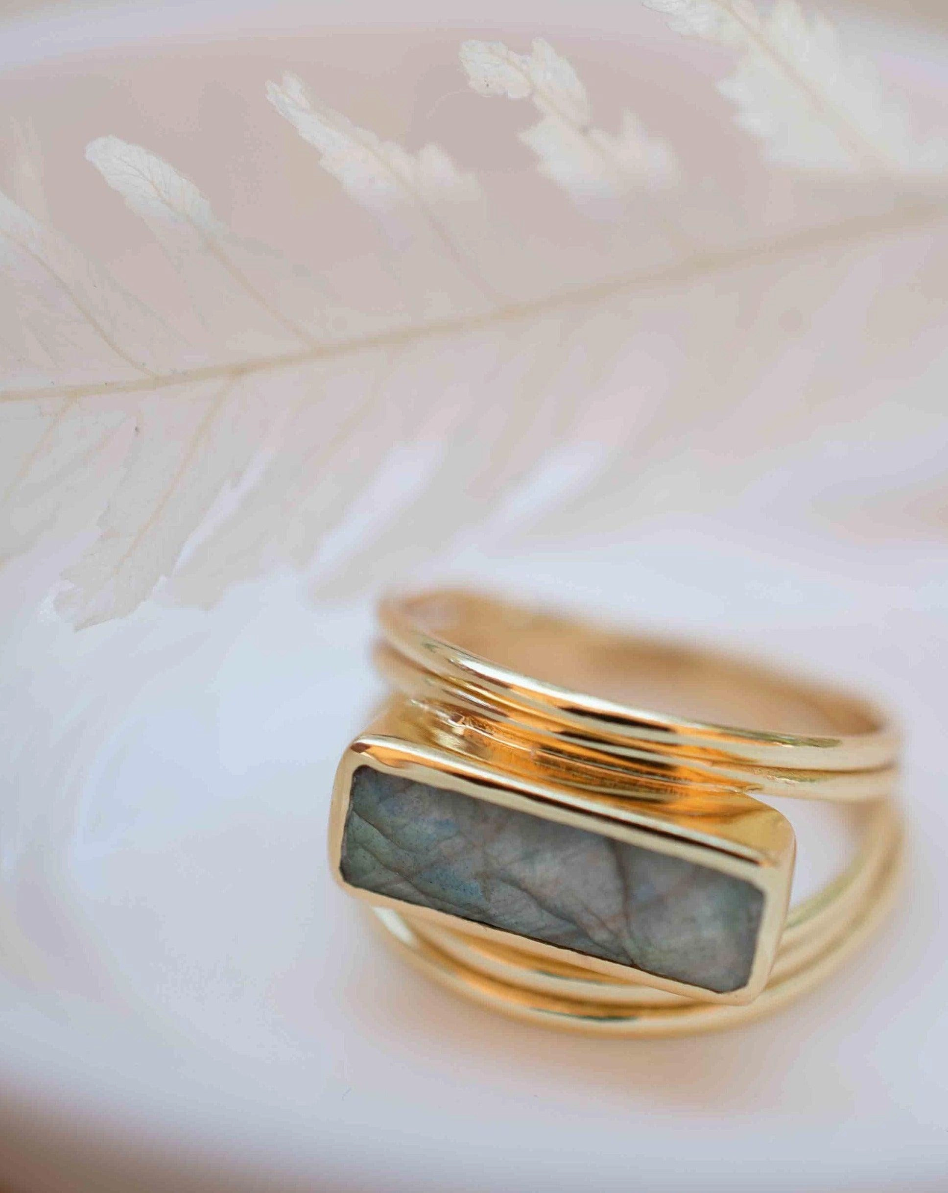 Rainbow Labradorite Ring ~ Rectangular Stone ~ 18k Gold Plated ~ MR304