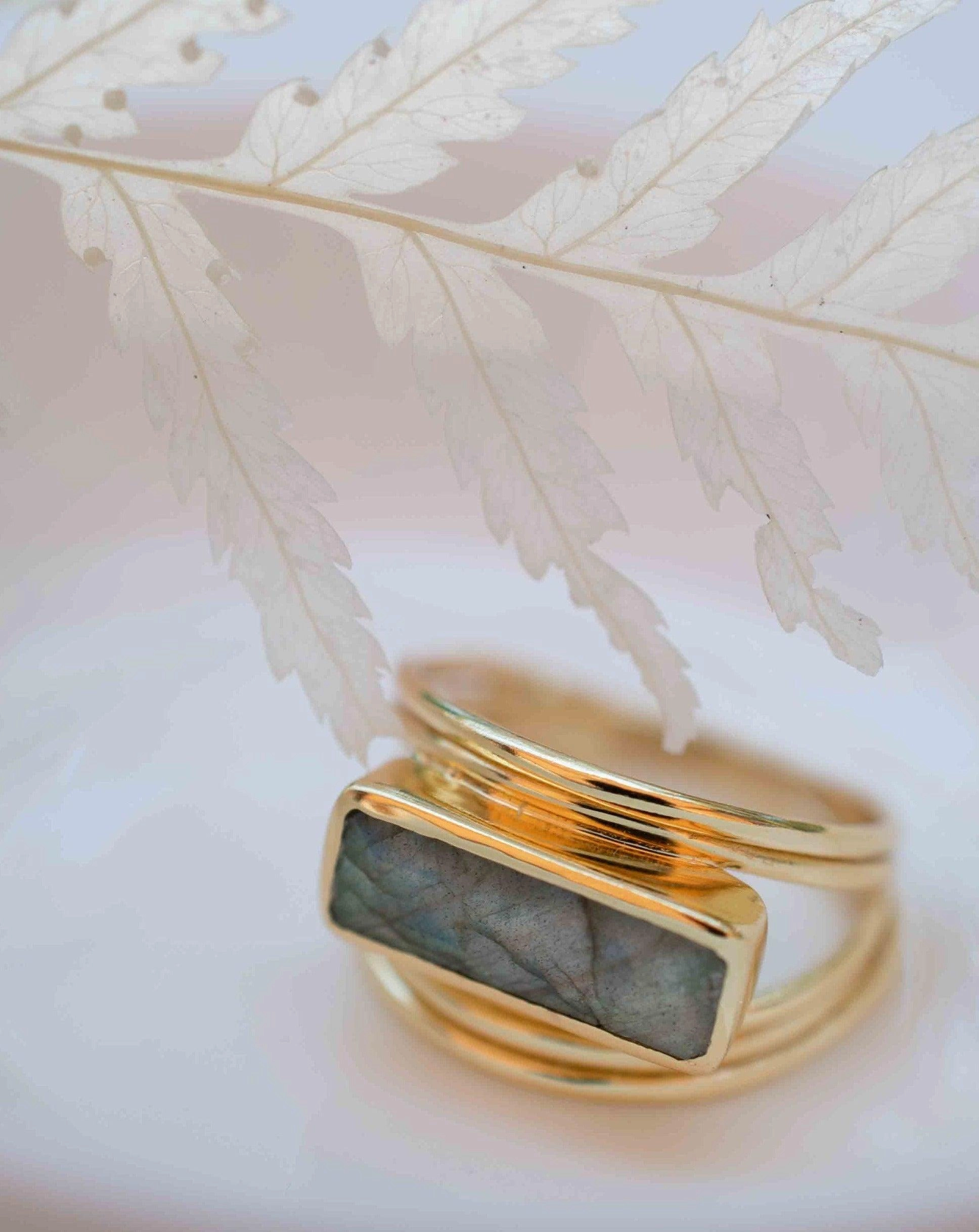 Rainbow Labradorite Ring ~ Rectangular Stone ~ 18k Gold Plated ~ MR304