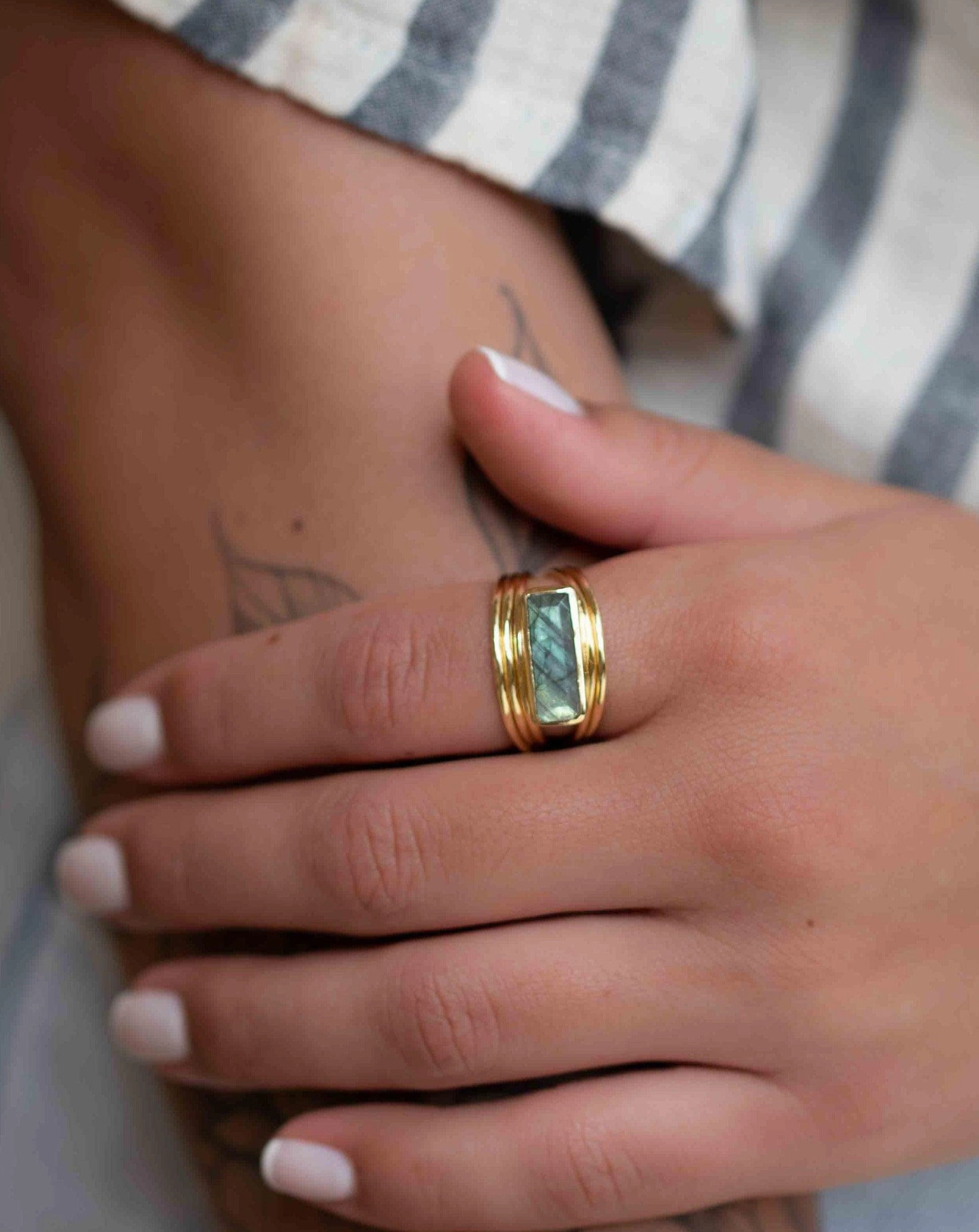 Rainbow Labradorite Ring ~ Rectangular Stone ~ 18k Gold Plated ~ MR304