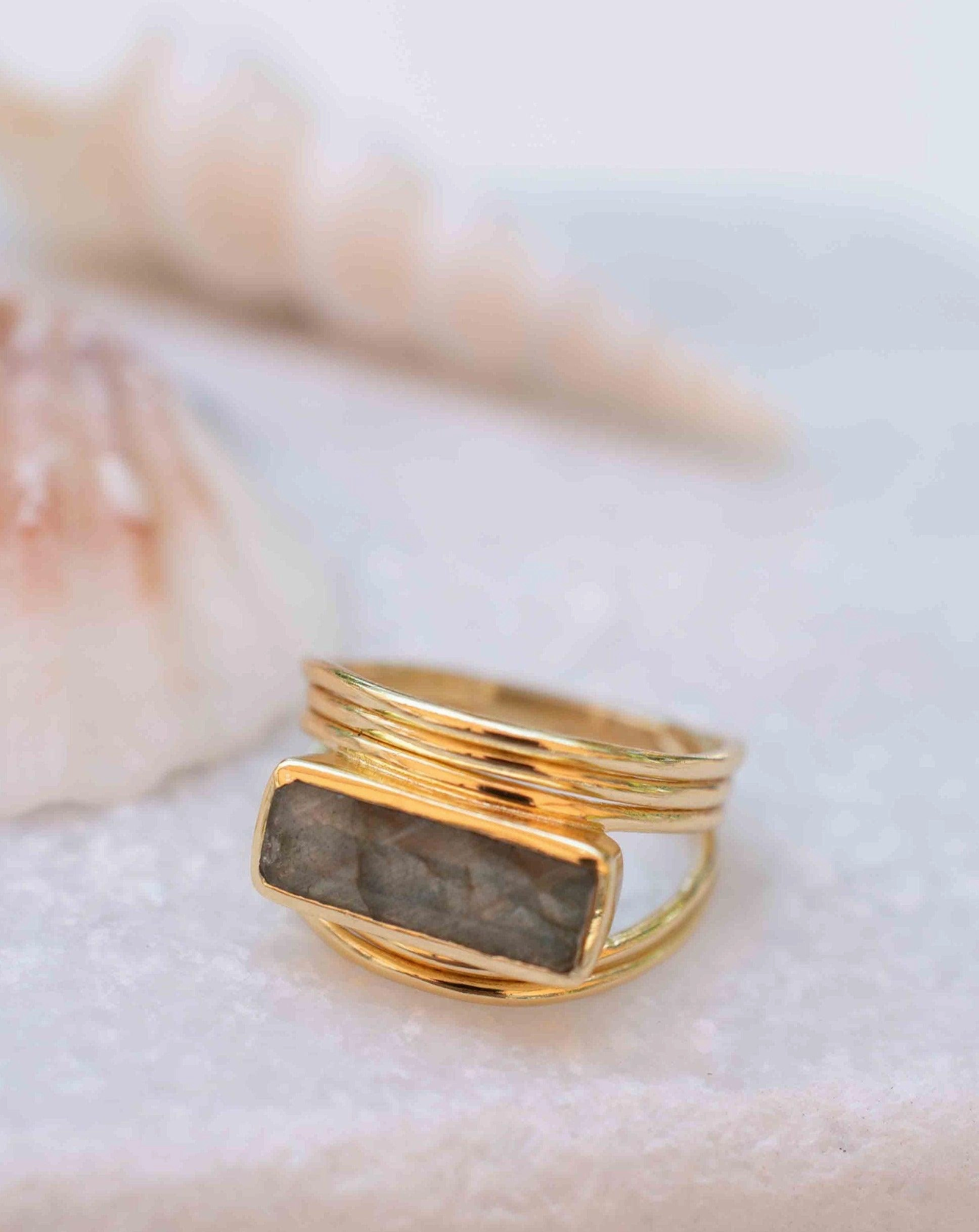 Rainbow Labradorite Ring ~ Rectangular Stone ~ 18k Gold Plated ~ MR304