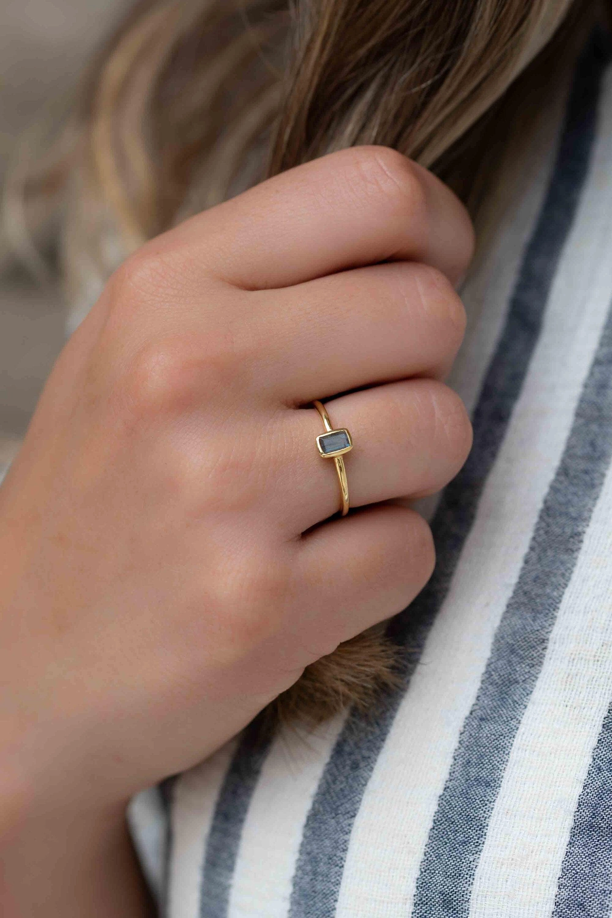 Rainbow Labradorite Ring ~ Rectangular Stone ~ 18k Gold Plated ~ MR320