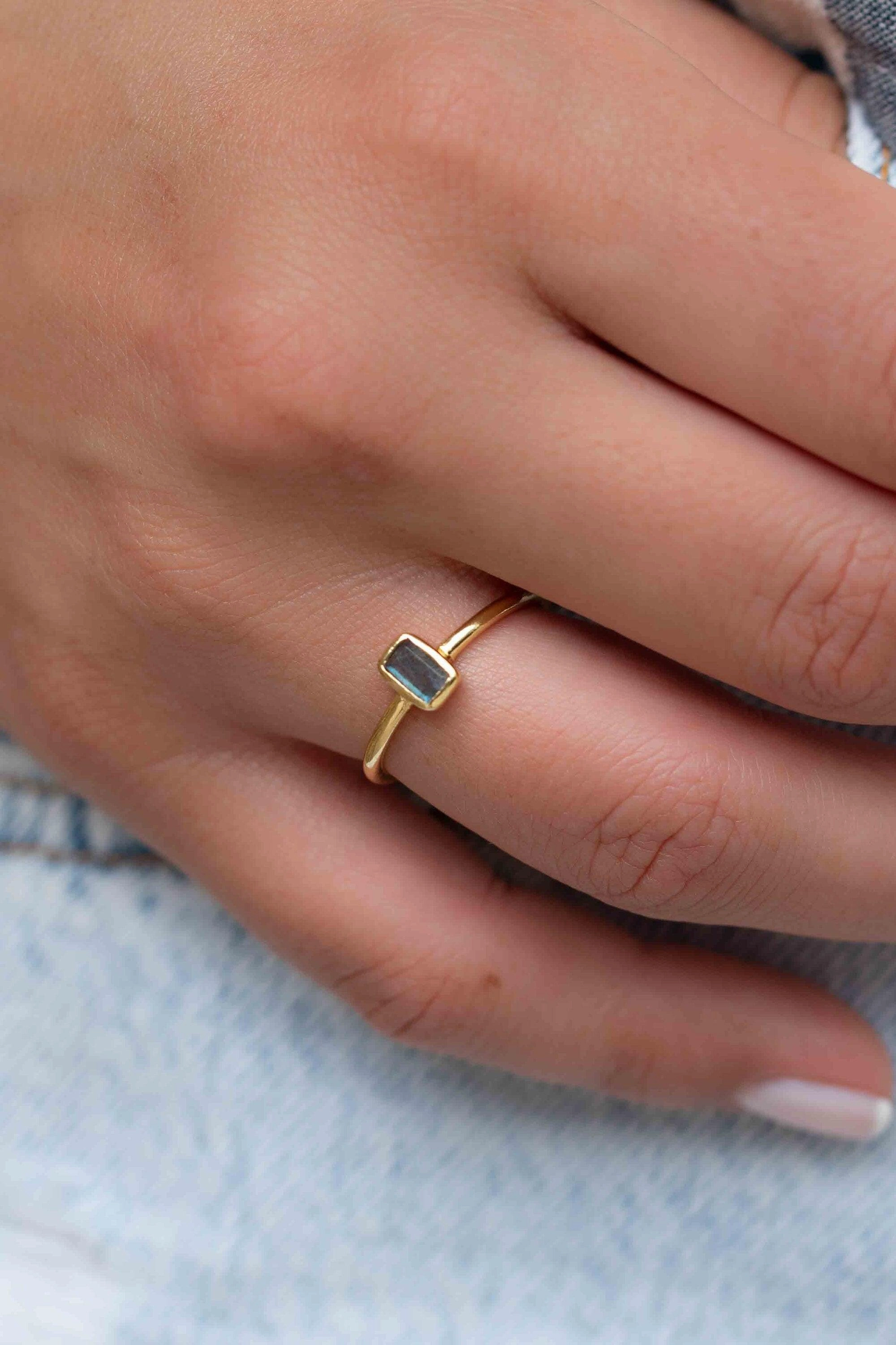 Rainbow Labradorite Ring ~ Rectangular Stone ~ 18k Gold Plated ~ MR320