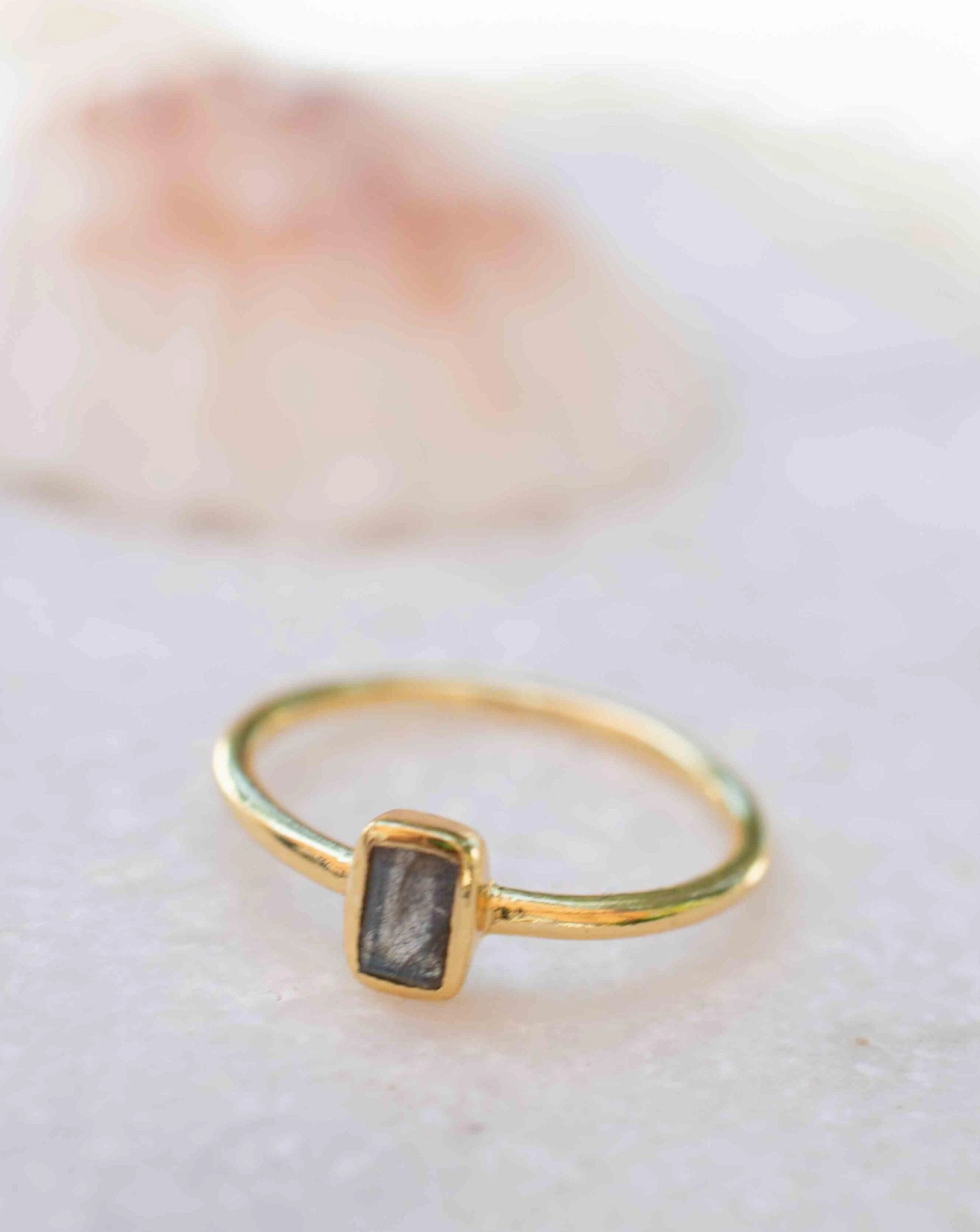 Rainbow Labradorite Ring ~ Rectangular Stone ~ 18k Gold Plated ~ MR320