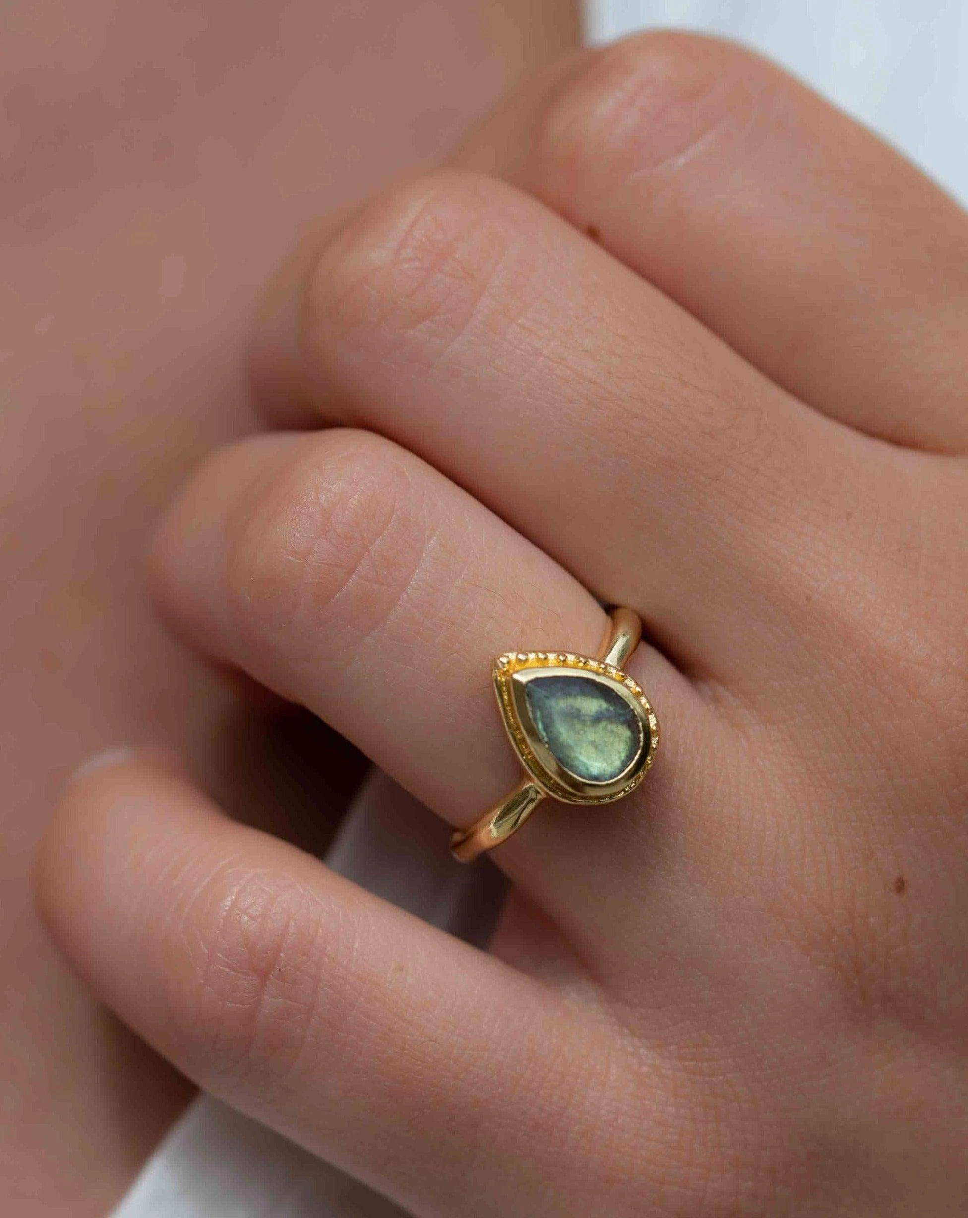 Rainbow Labradorite Tear Drop Ring ~ 18k Gold Plated ~ MR315