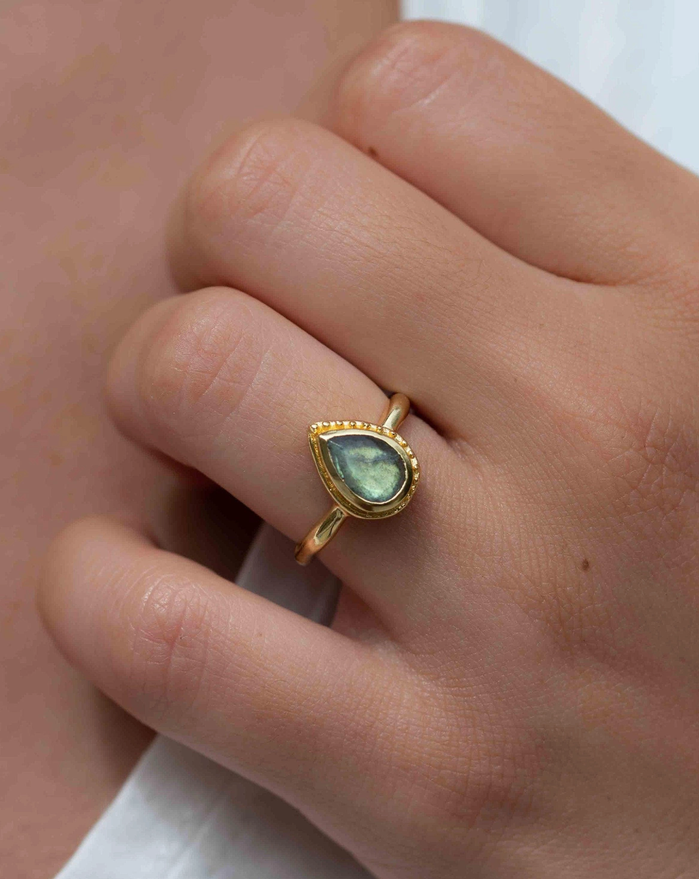 Rainbow Labradorite Tear Drop Ring ~ 18k Gold Plated ~ MR315