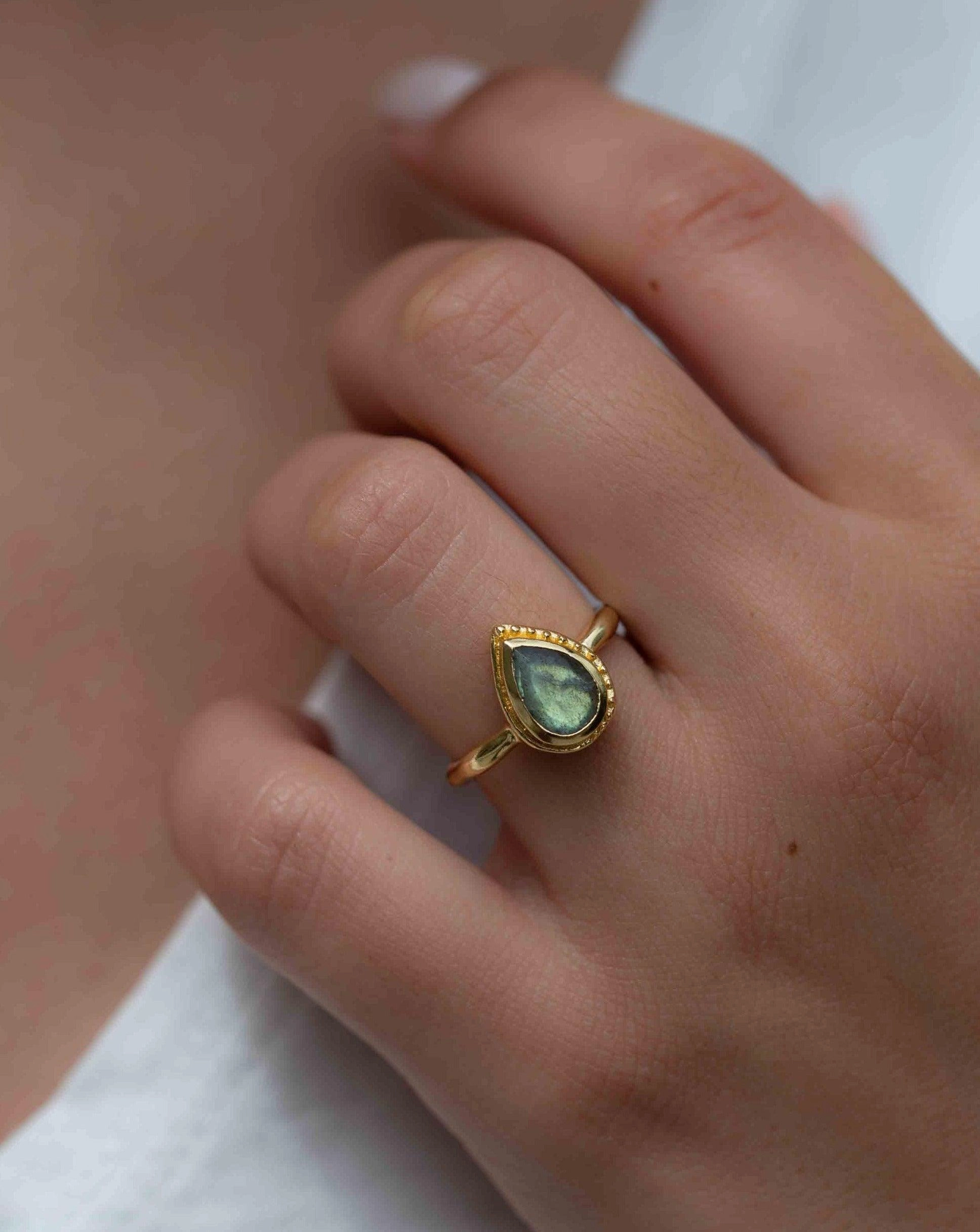 Rainbow Labradorite Tear Drop Ring ~ 18k Gold Plated ~ MR315