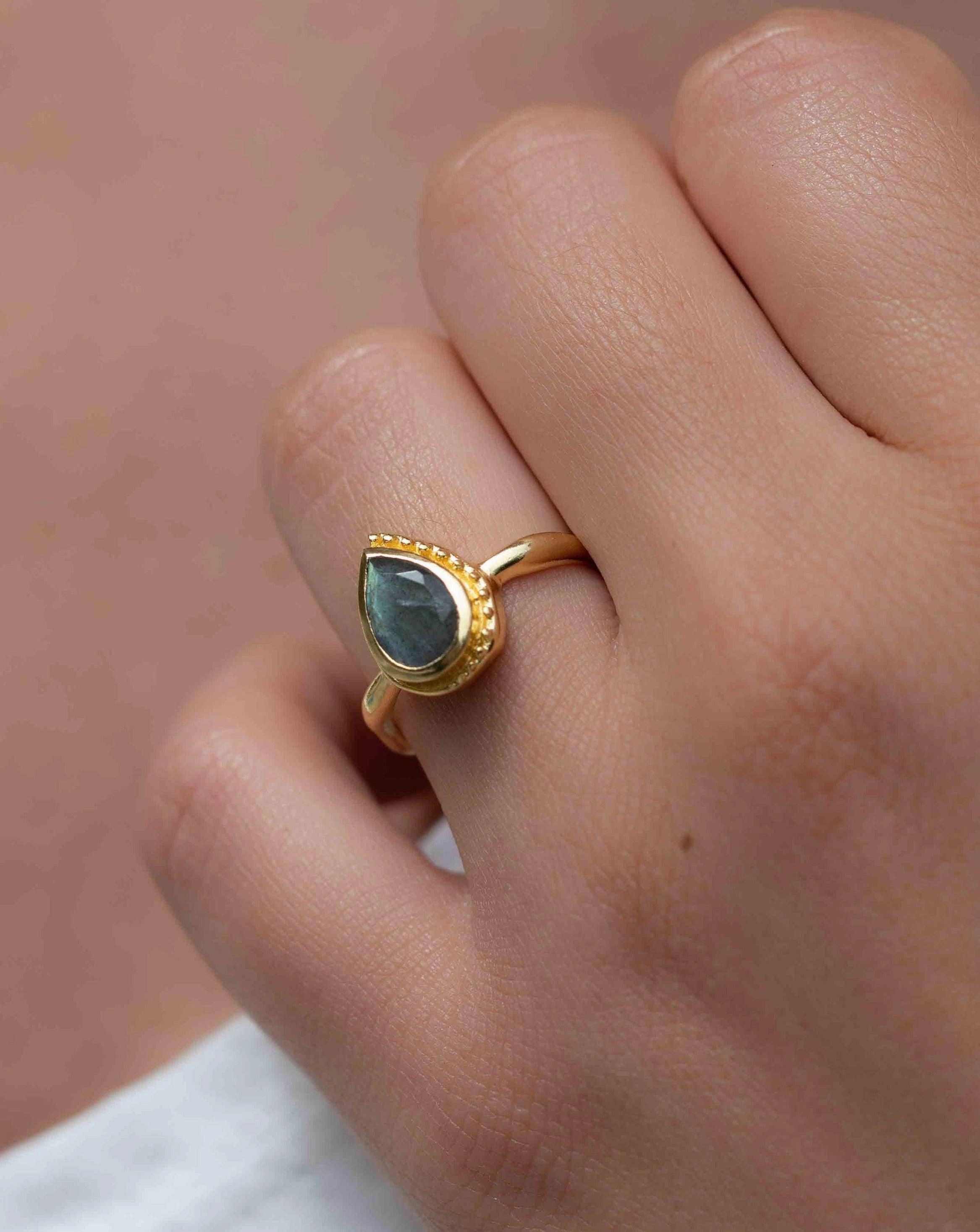 Rainbow Labradorite Tear Drop Ring ~ 18k Gold Plated ~ MR315
