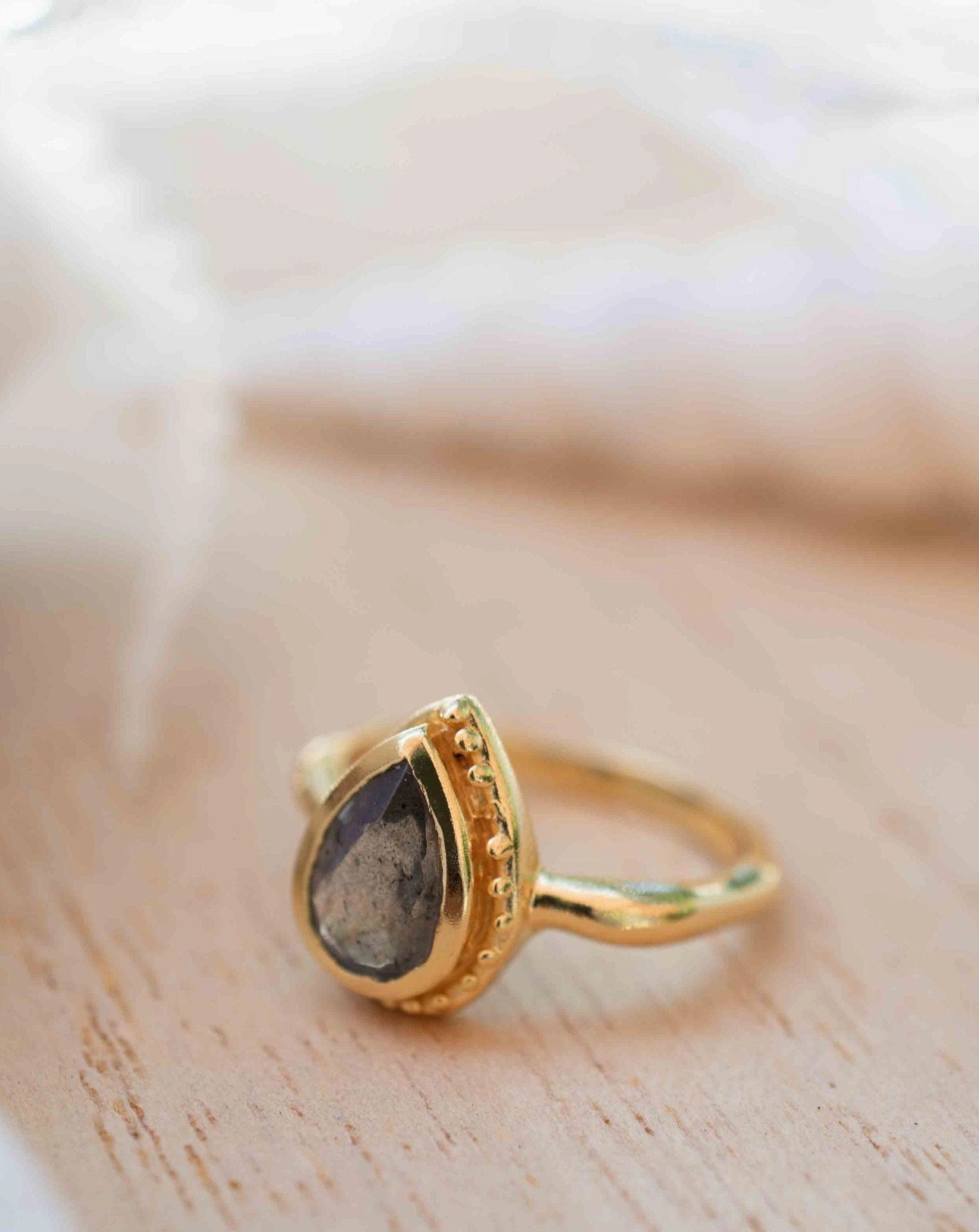 Rainbow Labradorite Tear Drop Ring ~ 18k Gold Plated ~ MR315