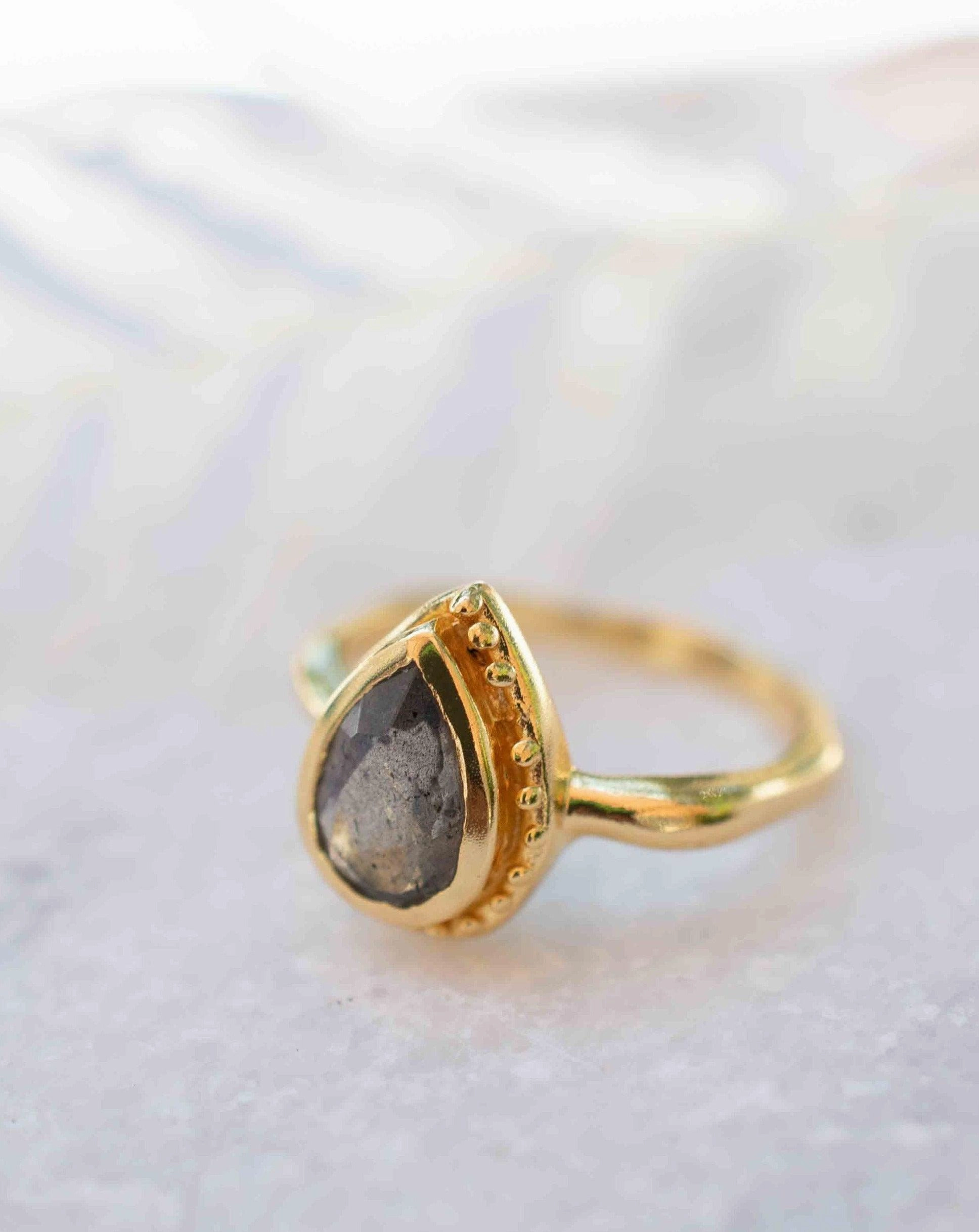 Rainbow Labradorite Tear Drop Ring ~ 18k Gold Plated ~ MR315