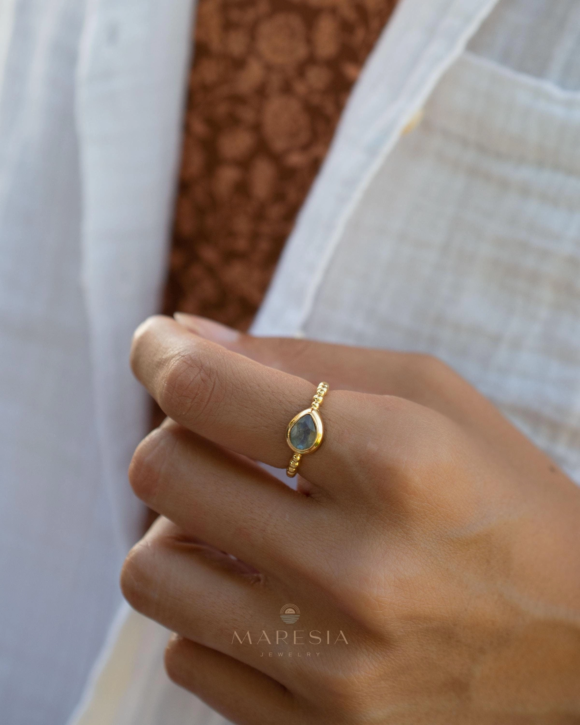 Rainbow Labradorite Tear Drop Ring ~ 18k Gold Plated over Sterling Silver ~MR353