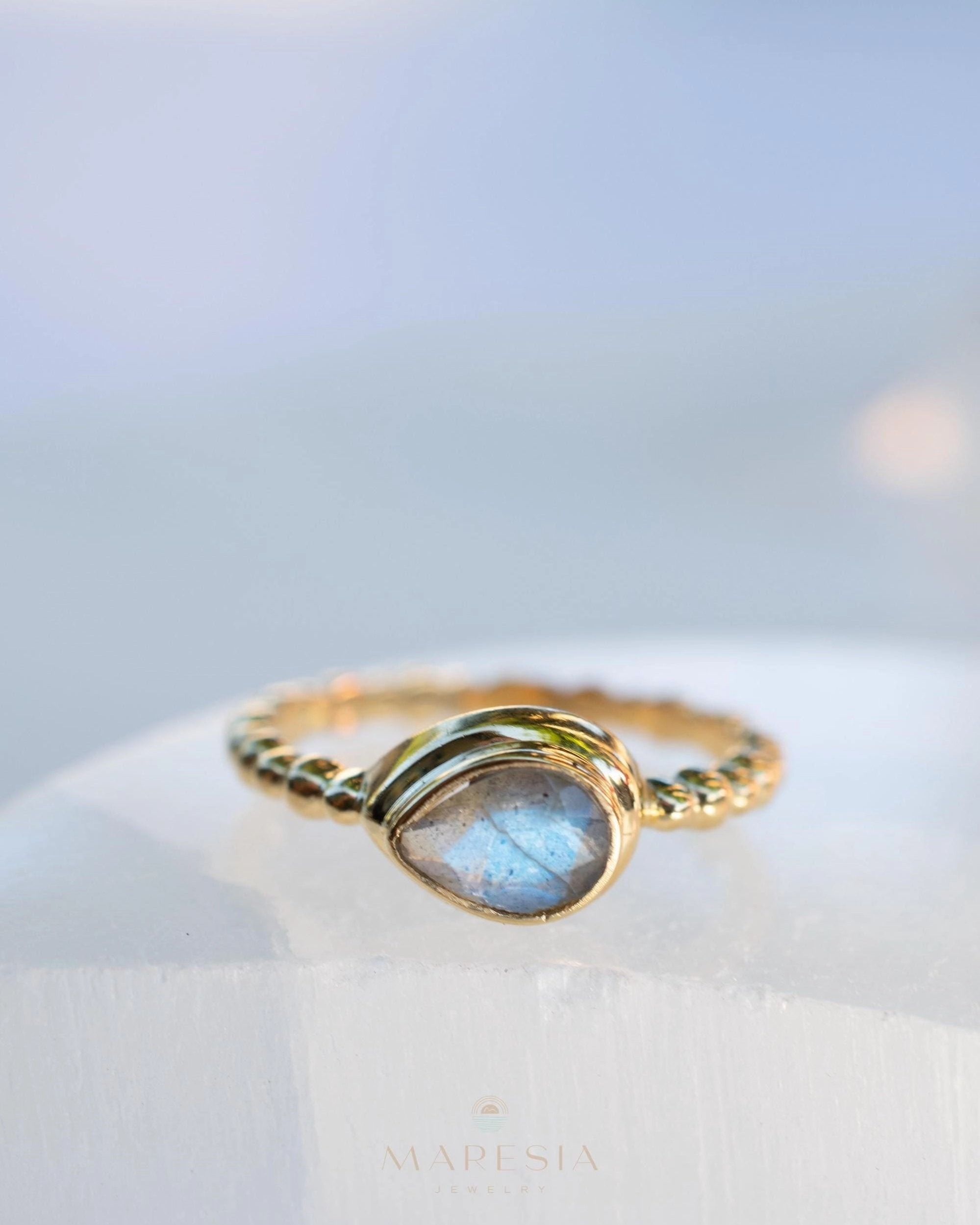 Rainbow Labradorite Tear Drop Ring ~ 18k Gold Plated over Sterling Silver ~MR353