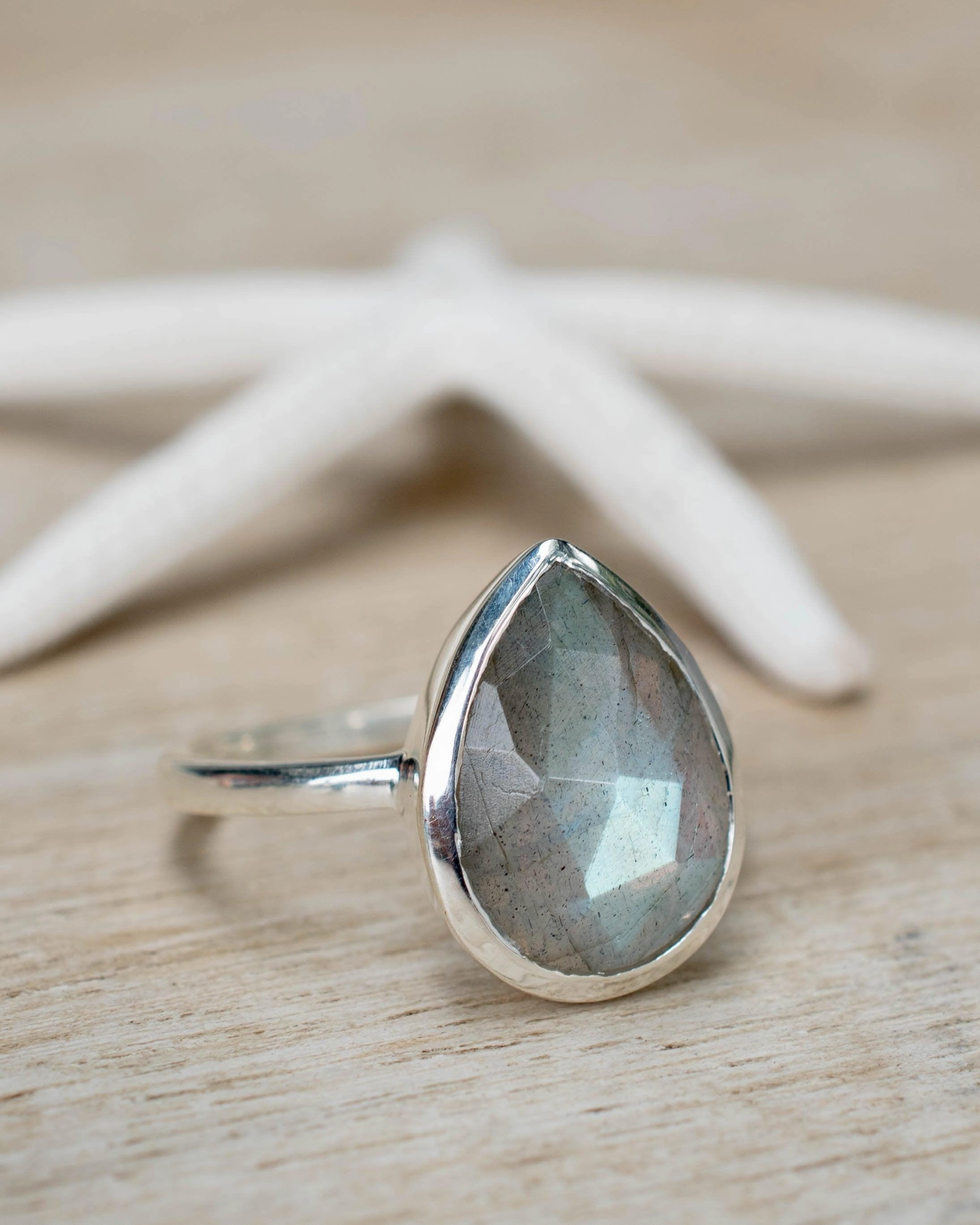 Rainbow Labradorite Tear Drop Ring ~ Sterling Silver 925 ~ MR225